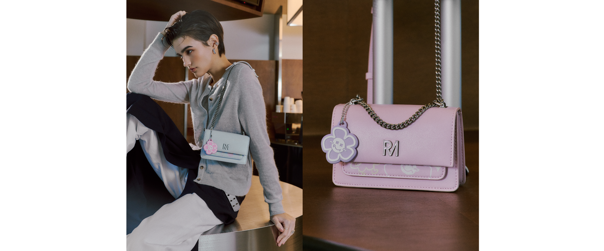 模特兒倚靠鐵桌肩背狂派塗鴉斜背包(S)