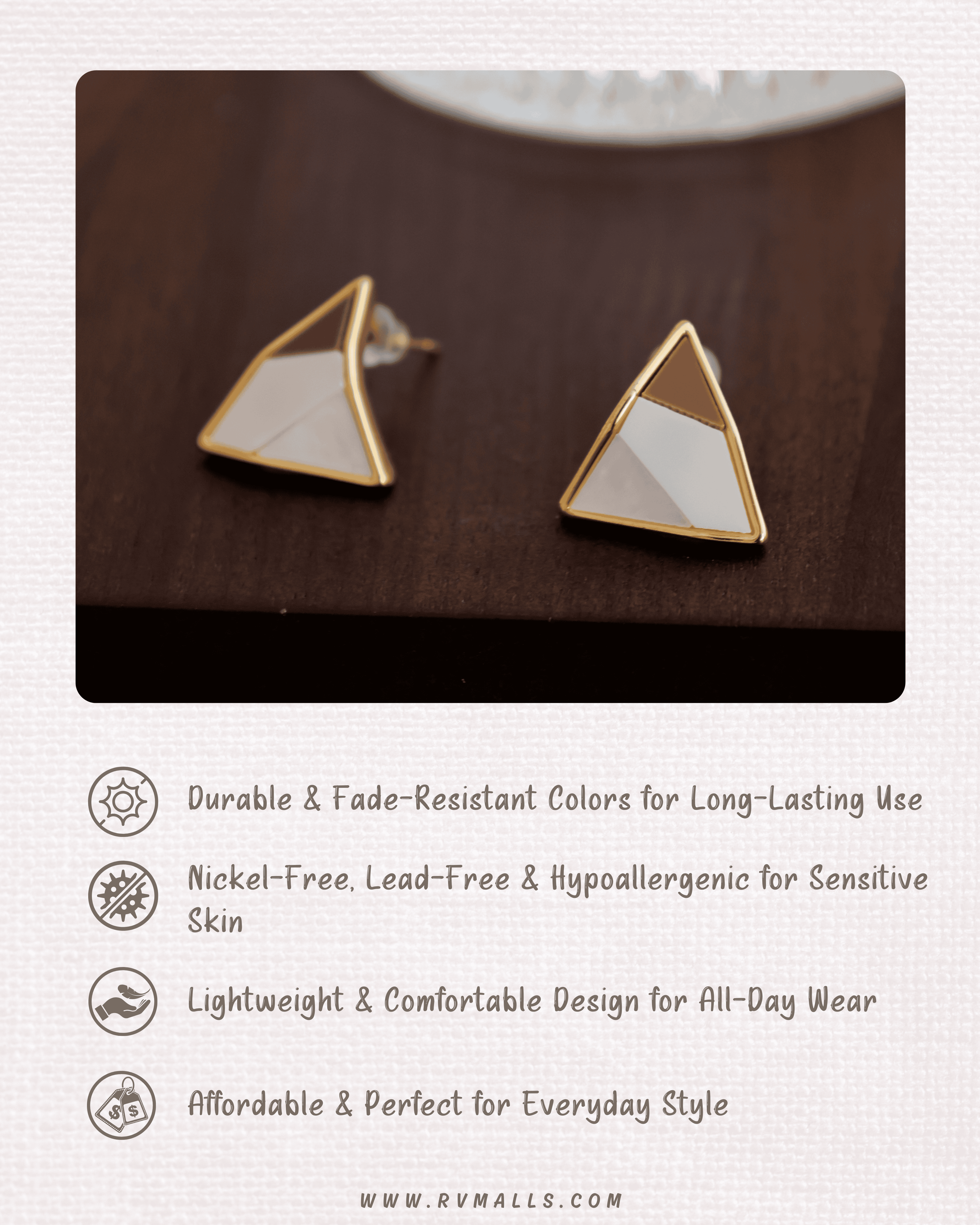 輕便百搭金三角耳環, 防敏感設計, 適合敏感肌膚, 時尚女生日常穿搭與正式場必備。