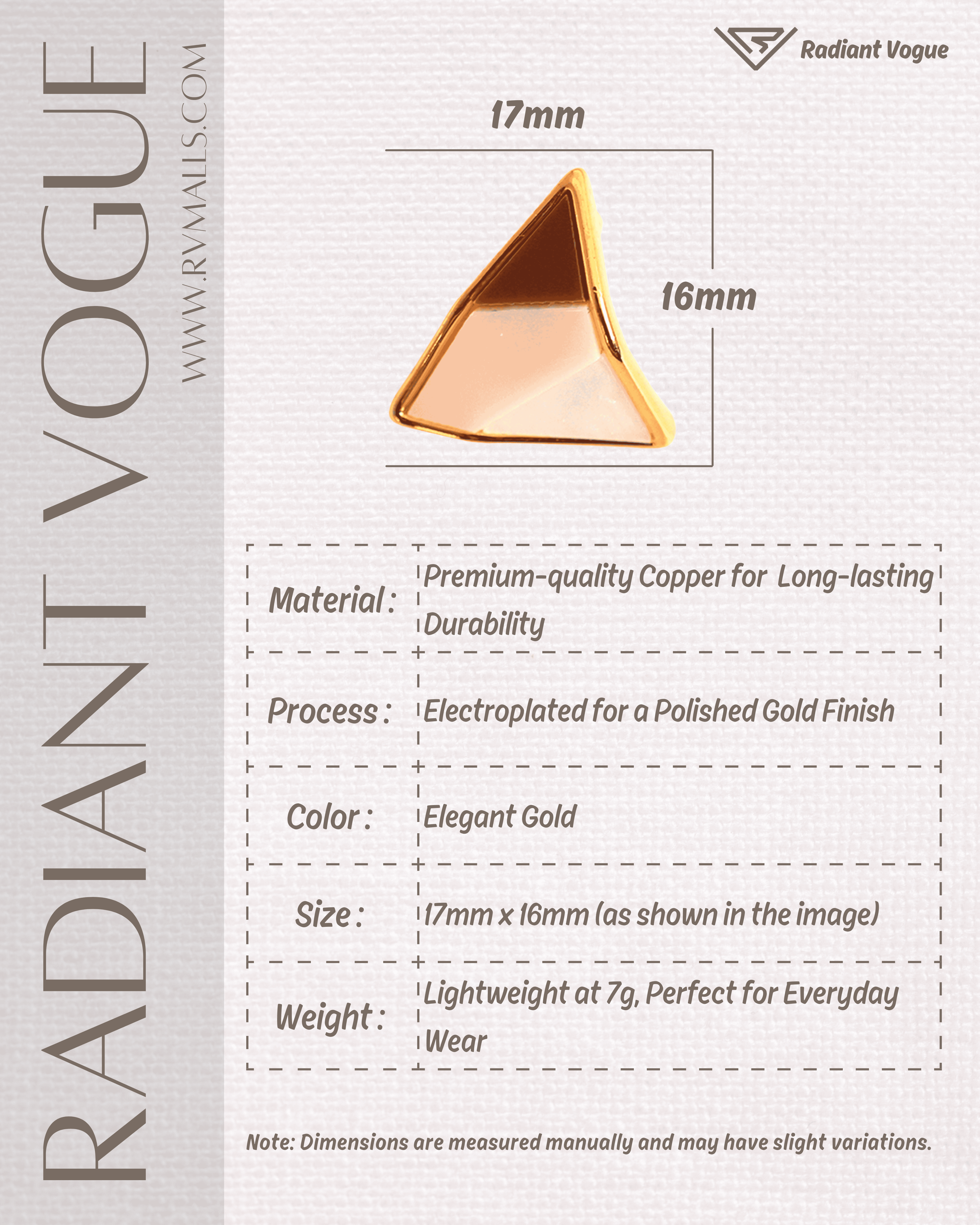 高雅金三角幾何耳環產品資訊, 防敏感電鍍處理, 優質銅製, 尺寸17mm x 16mm, 輕便舒適, 適合日常佩戴