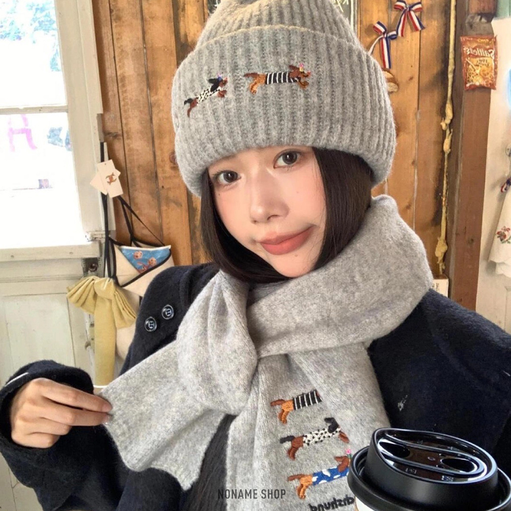 SLEEPYWALK 可愛 臘腸 狗狗 刺繡 針織 毛帽+圍巾 組合 八色