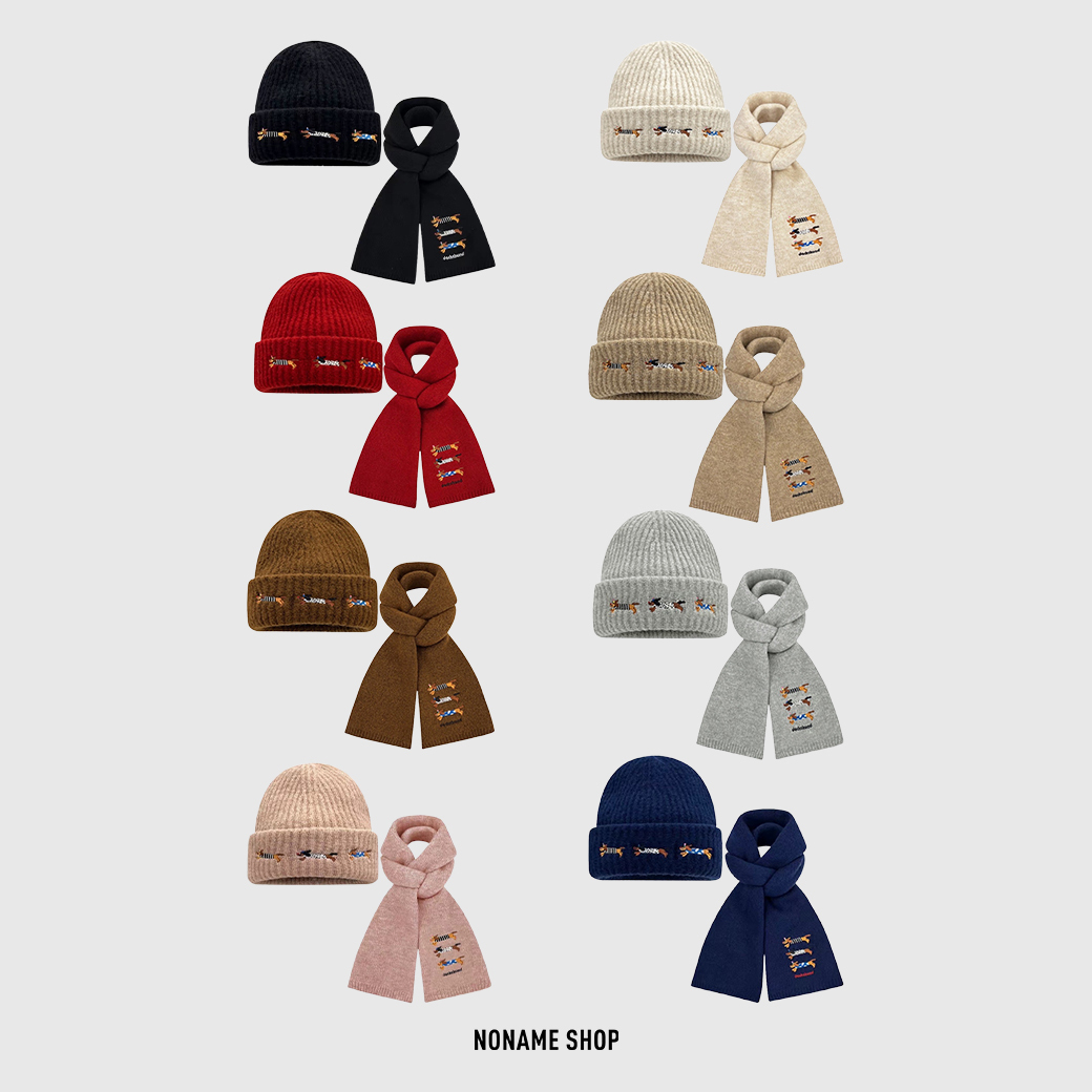 SLEEPYWALK 可愛 臘腸 狗狗 刺繡 針織 毛帽+圍巾 組合 八色