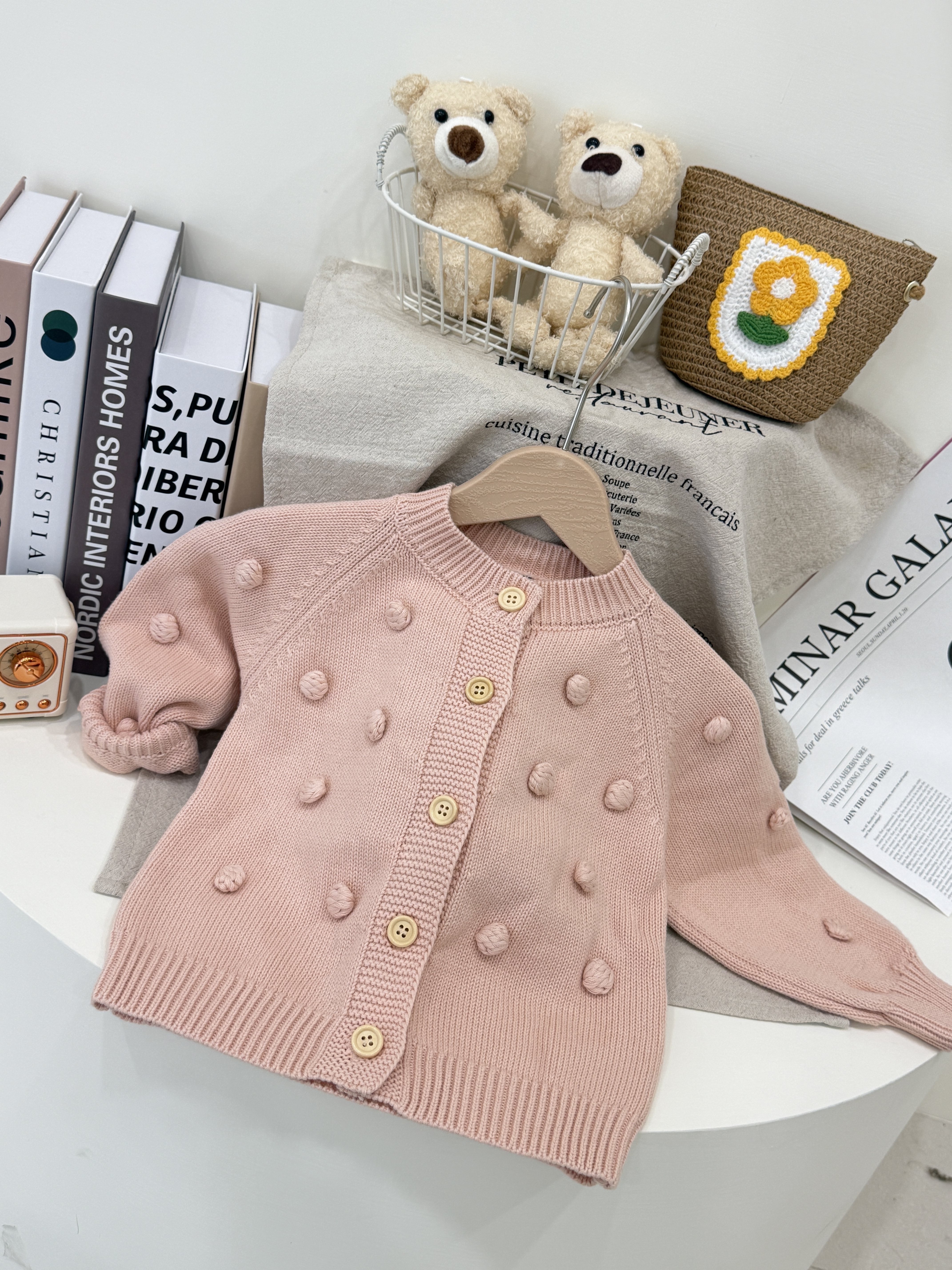 手工球球長袖純棉針織外套