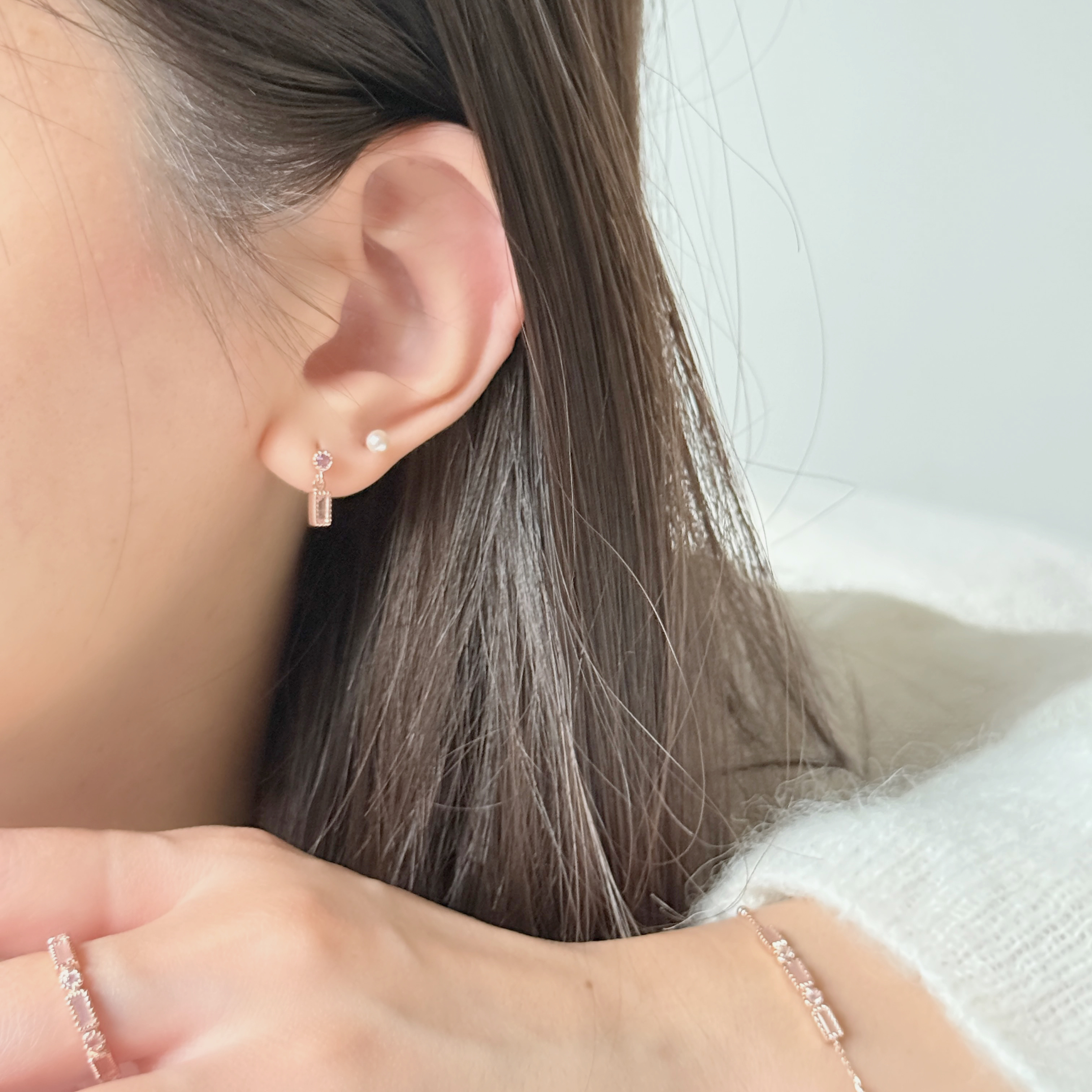 蛋糕長方小圓粉紫水晶轉珠耳環