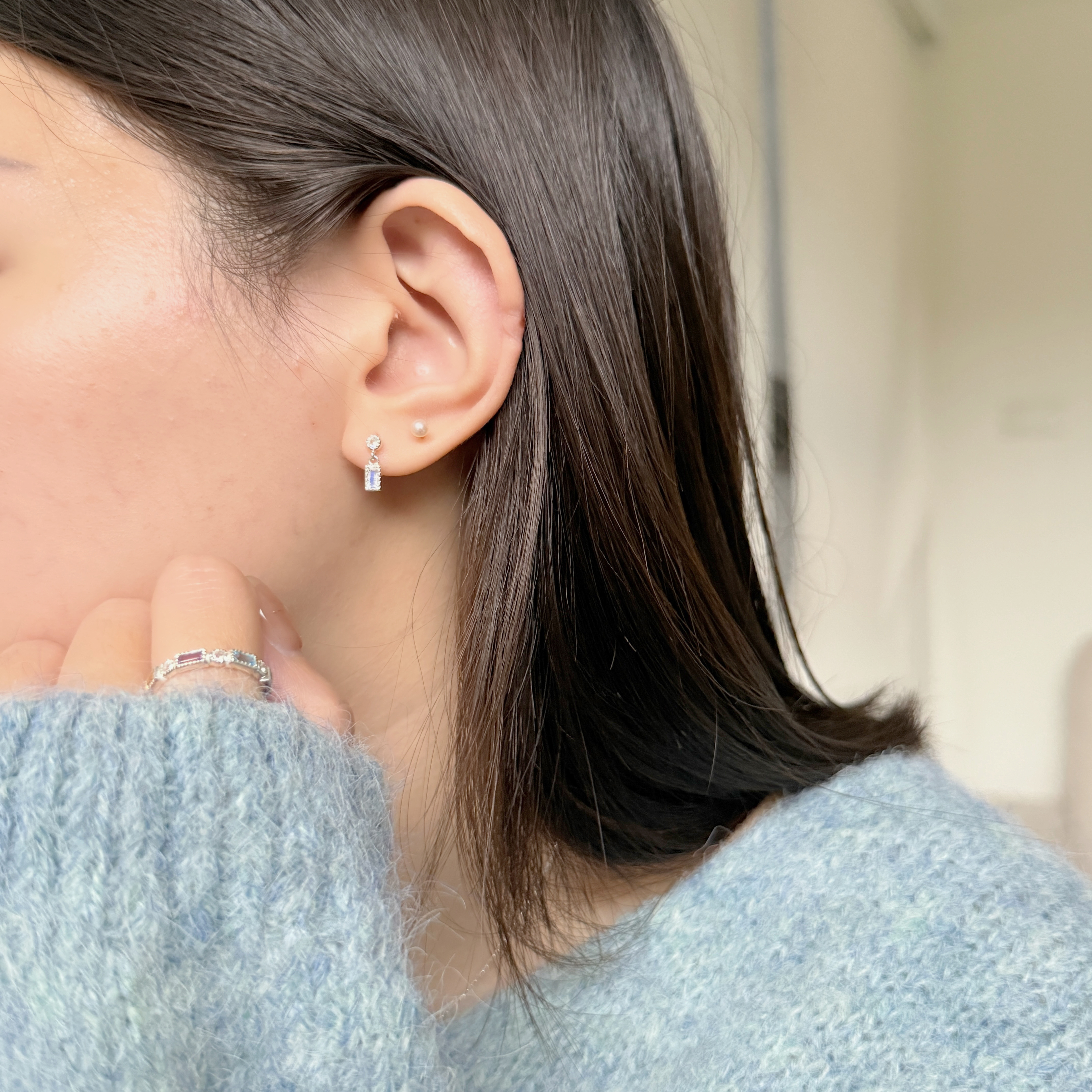 蛋糕長方小圓月光石轉珠耳環