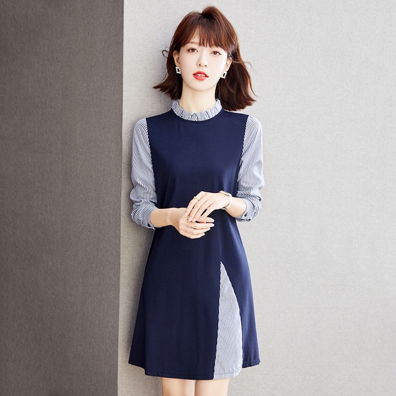 木耳領條紋假兩件洋裝 藏青