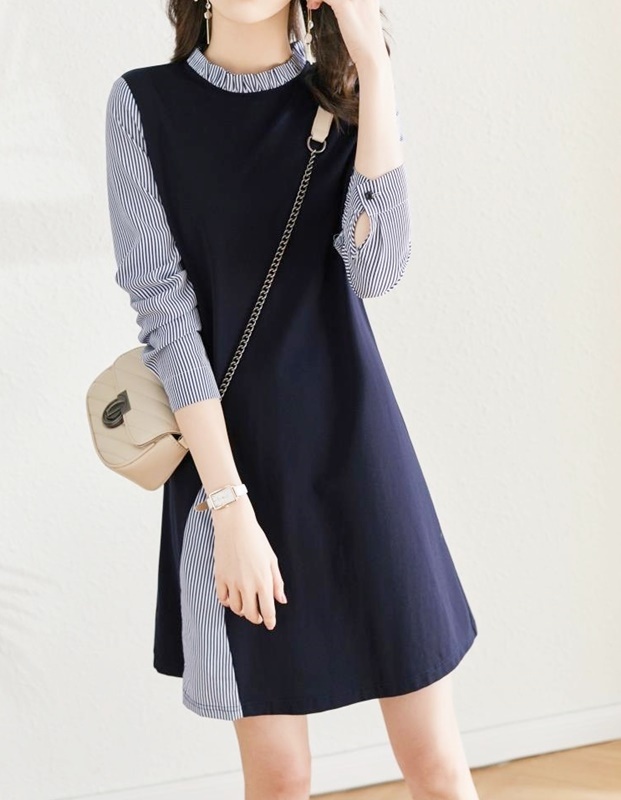 木耳領條紋假兩件洋裝 藏青