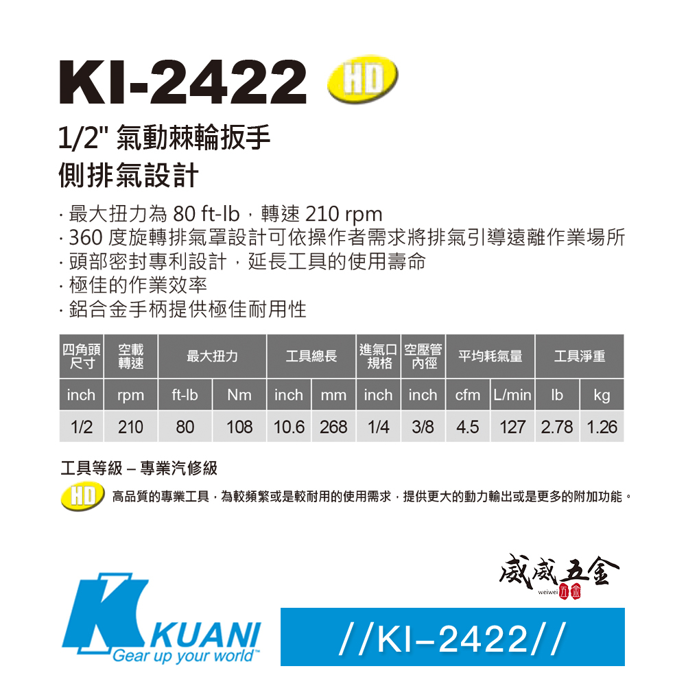 KUANI 台灣製 冠億｜1/2" 專利重型氣動扳手 四分氣動板手 4分90度強力型直式板手｜KI-2422