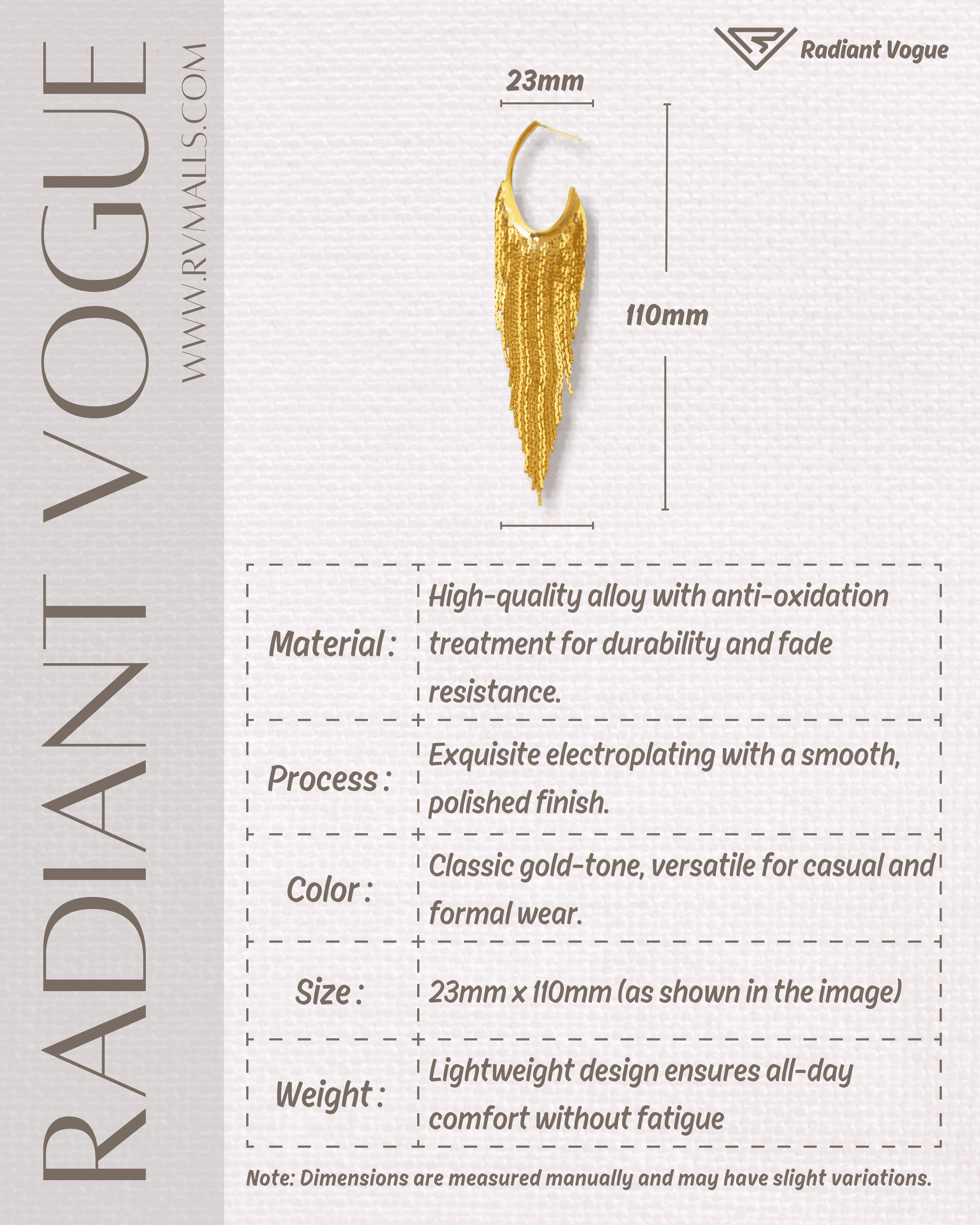 金色流蘇耳環詳細參數, 23mm x 110mm尺寸, 高品質抗氧化合金材質, 耐用不褪色。
