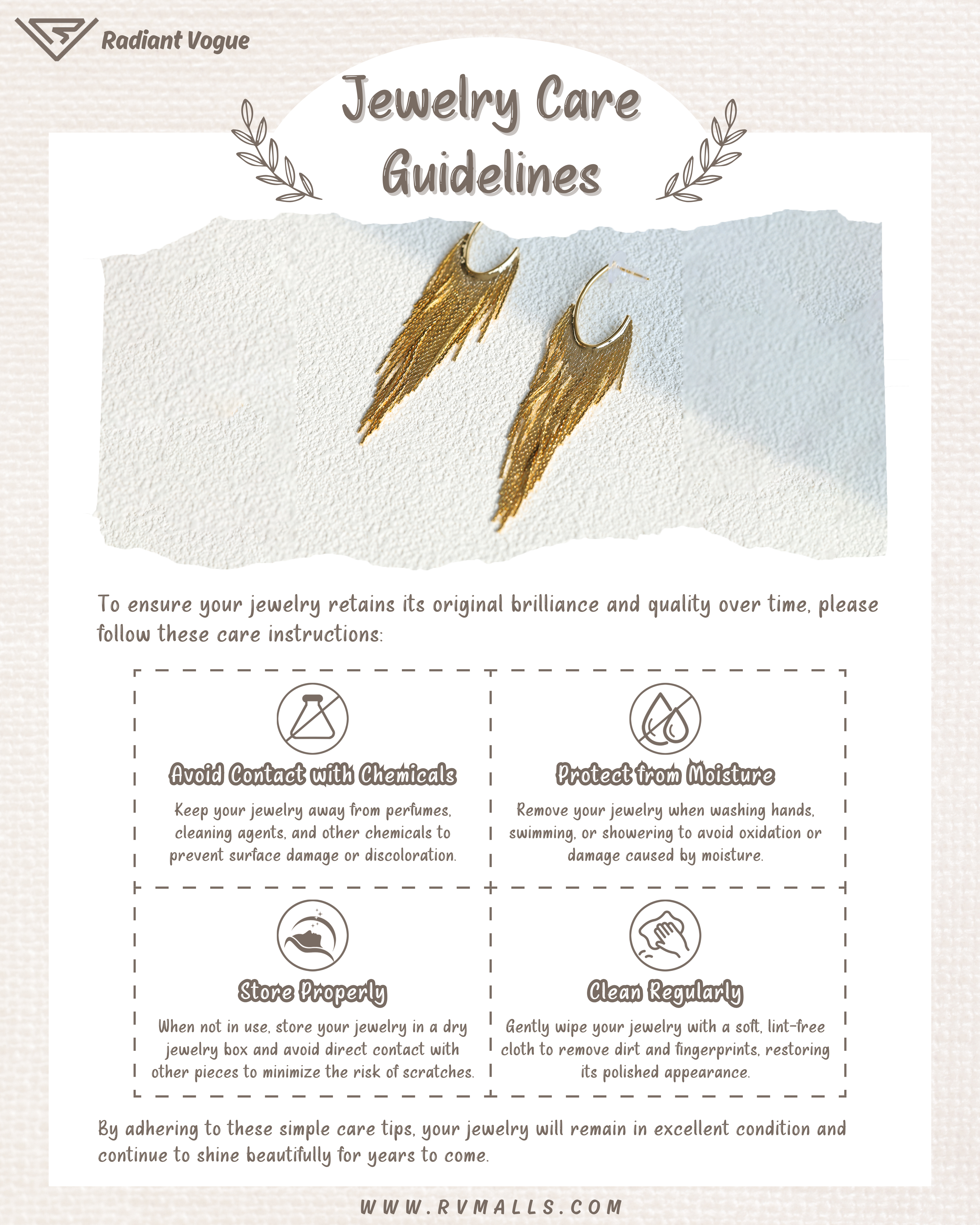 首飾保養指南, 金色流蘇耳環保養技巧, 避免化學物質、水分與劃痕, 保持耳環光澤與質感。