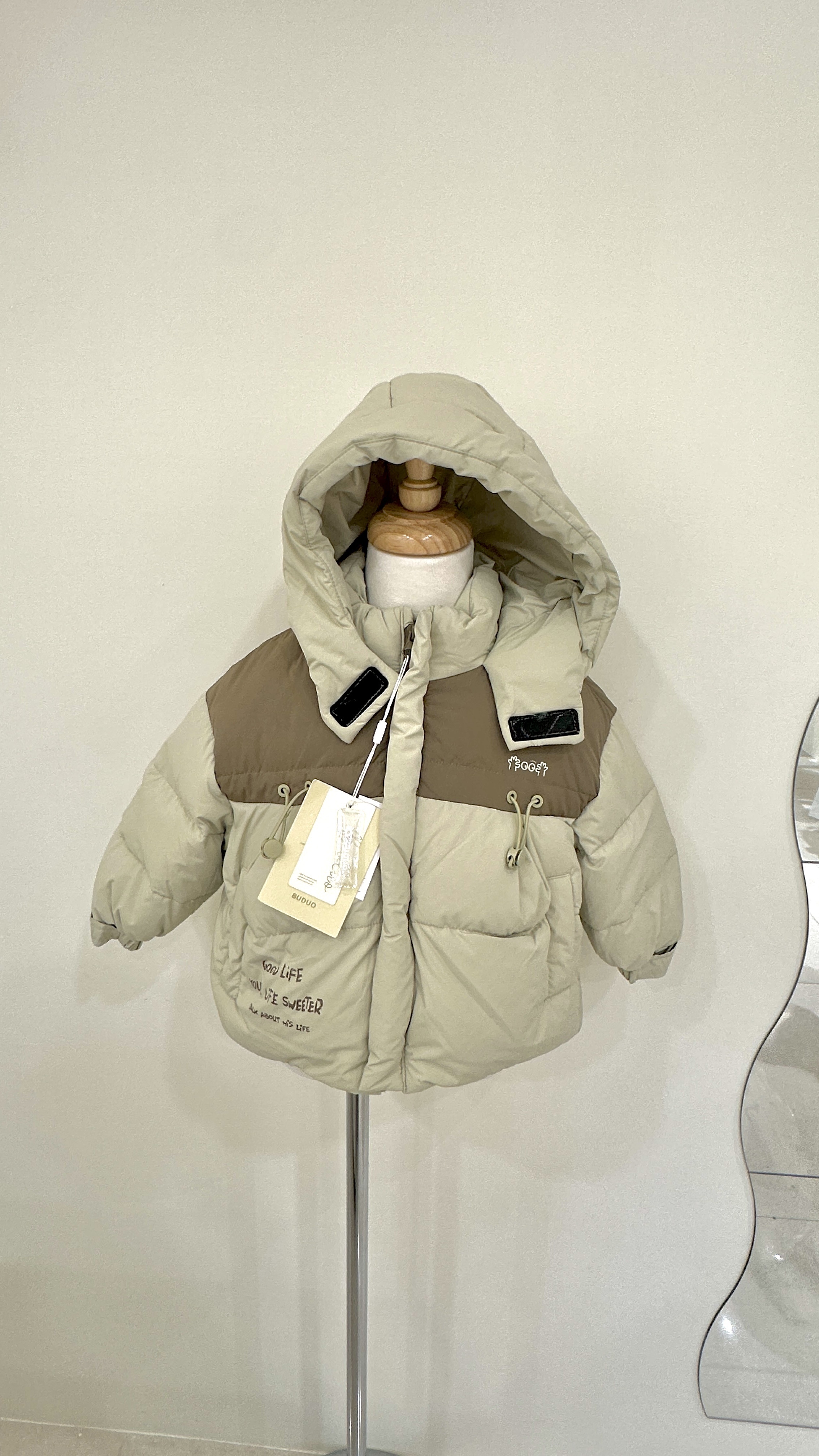 淺綠韓系連帽羽絨服 冬裝拼色連帽外套