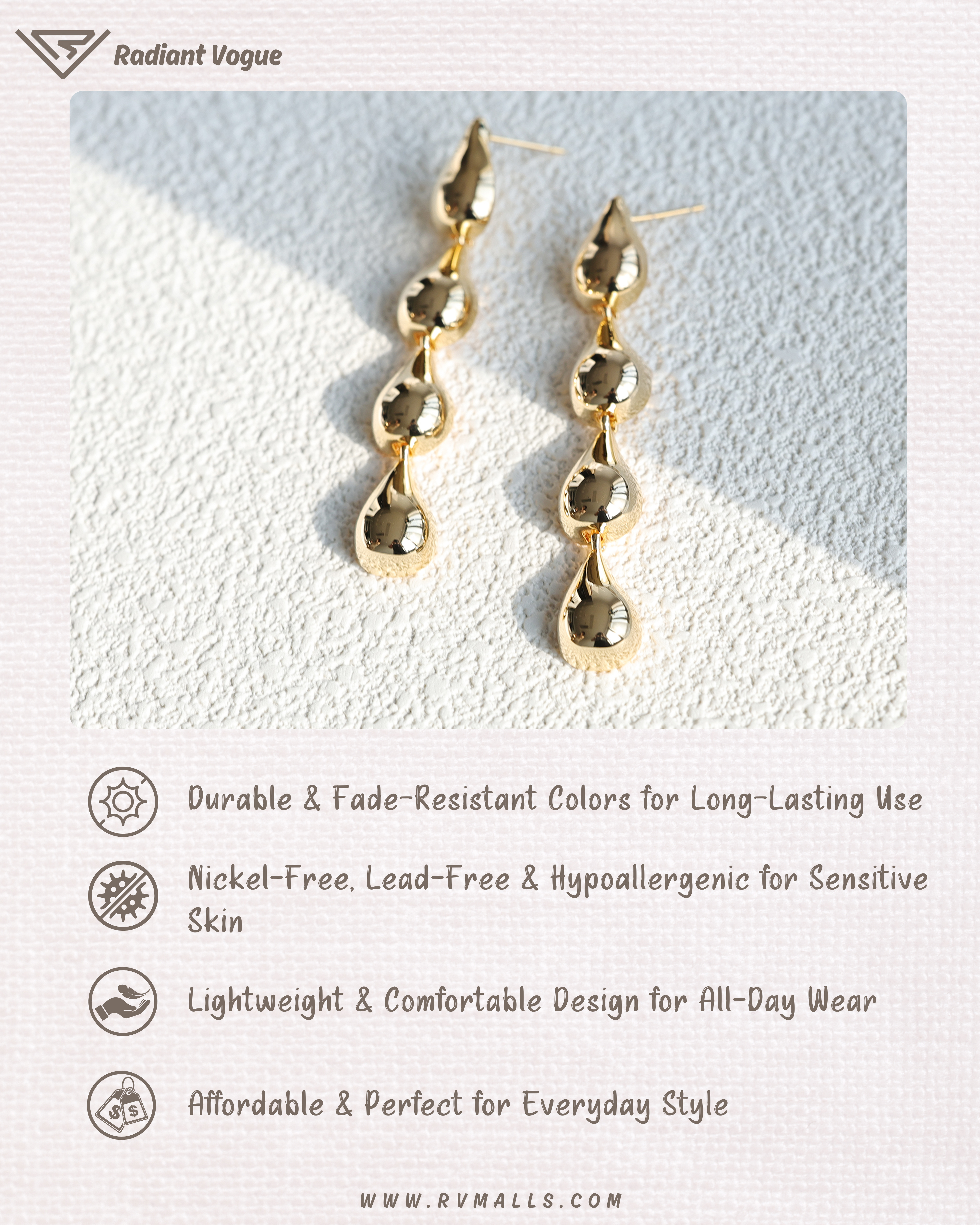 Radiant Vogue 金色垂墜耳環, 輕盈舒適設計, 無鎳無鉛且適合敏感肌膚, 耐用且不易褪色, 完美適合日常風格。
