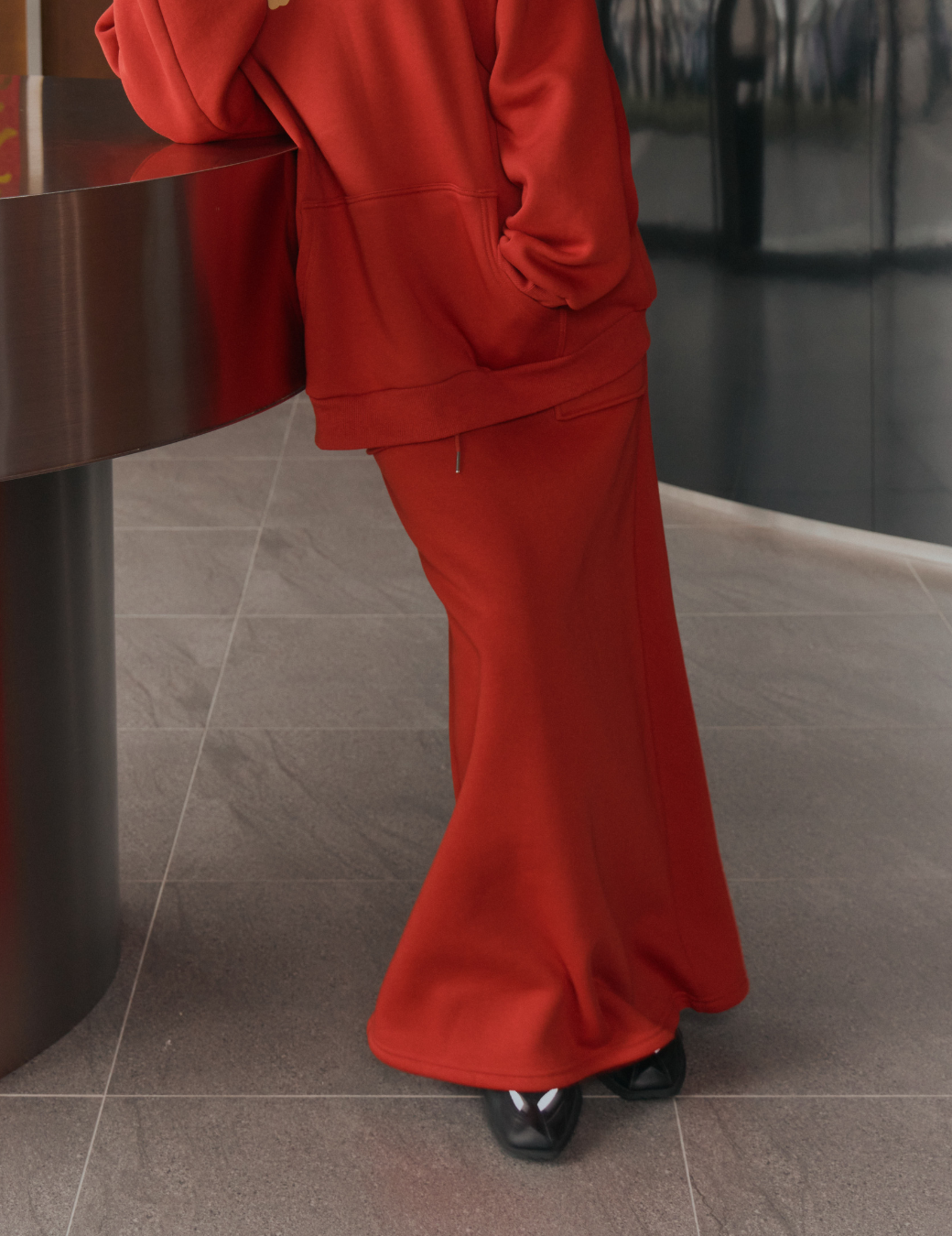 反折腰頭口袋棉感長裙（紅色/6尺寸）