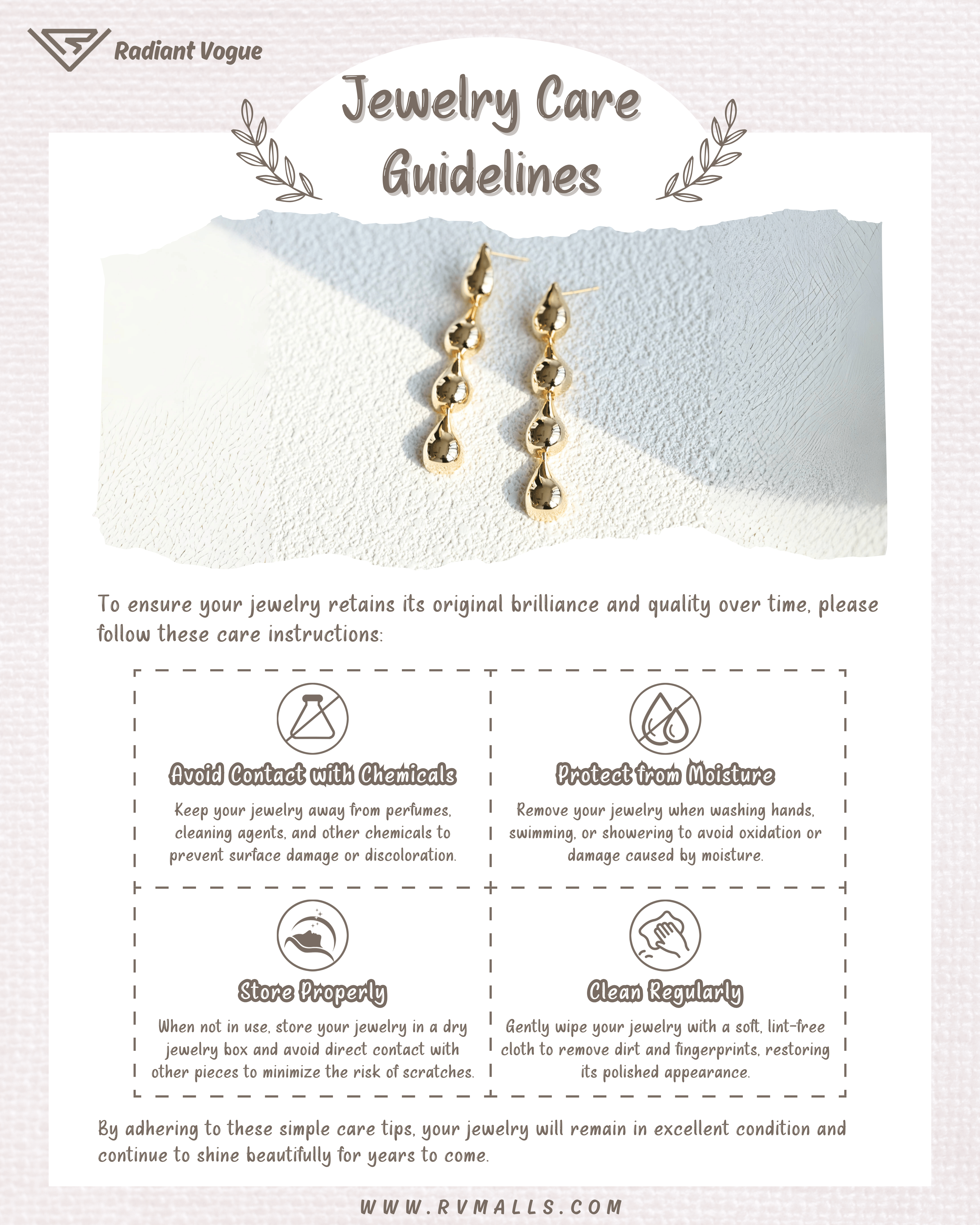 Radiant Vogue 金色耳環保養指南, 包含避免化學物質、遠離水分、妥善存放與定期清潔, 延長耳環使用壽命並保持光澤。