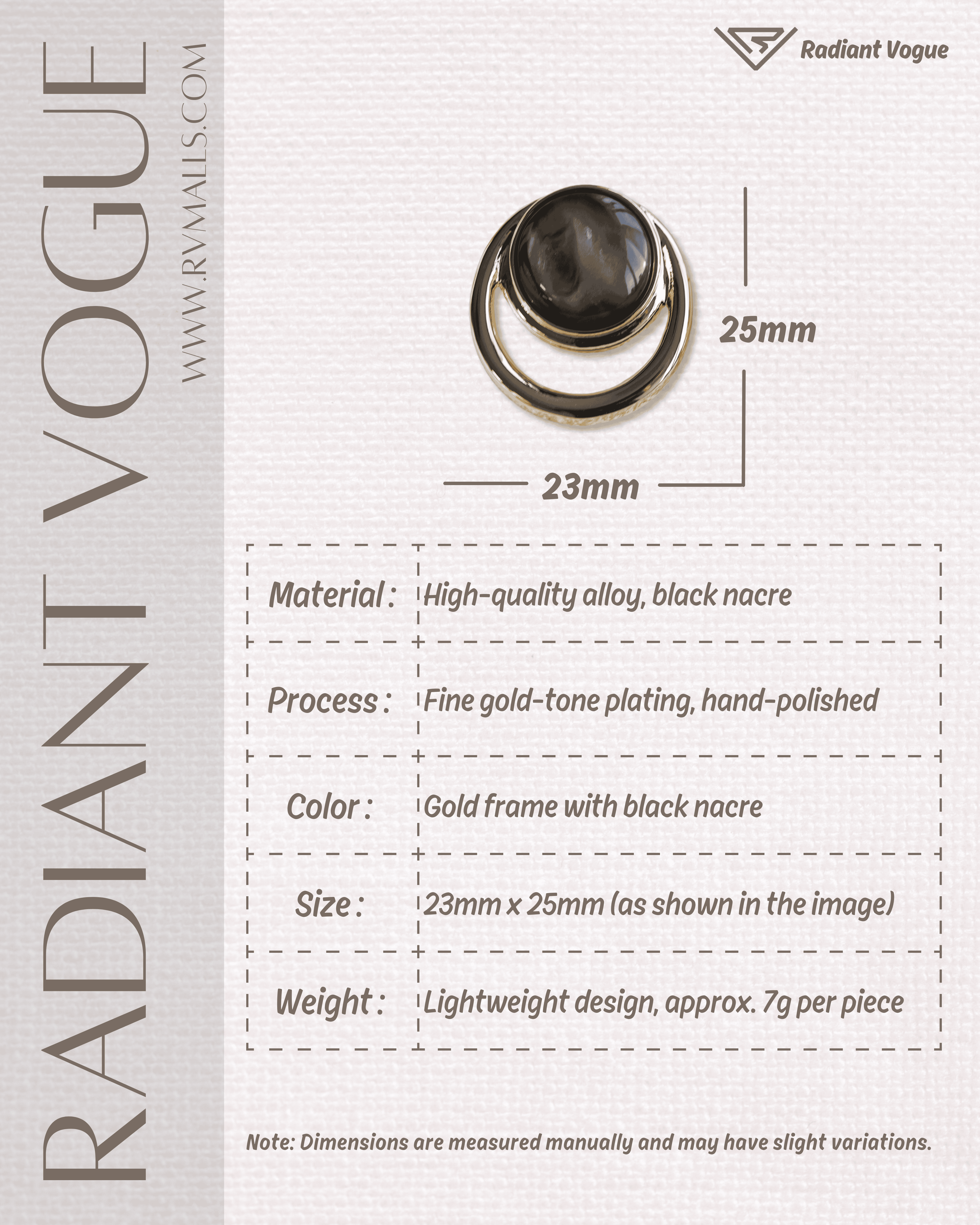 高品質合金與黑貝母材質, 精緻金框設計, 輕量化耳環僅重7g, 尺寸23mm x 25mm。