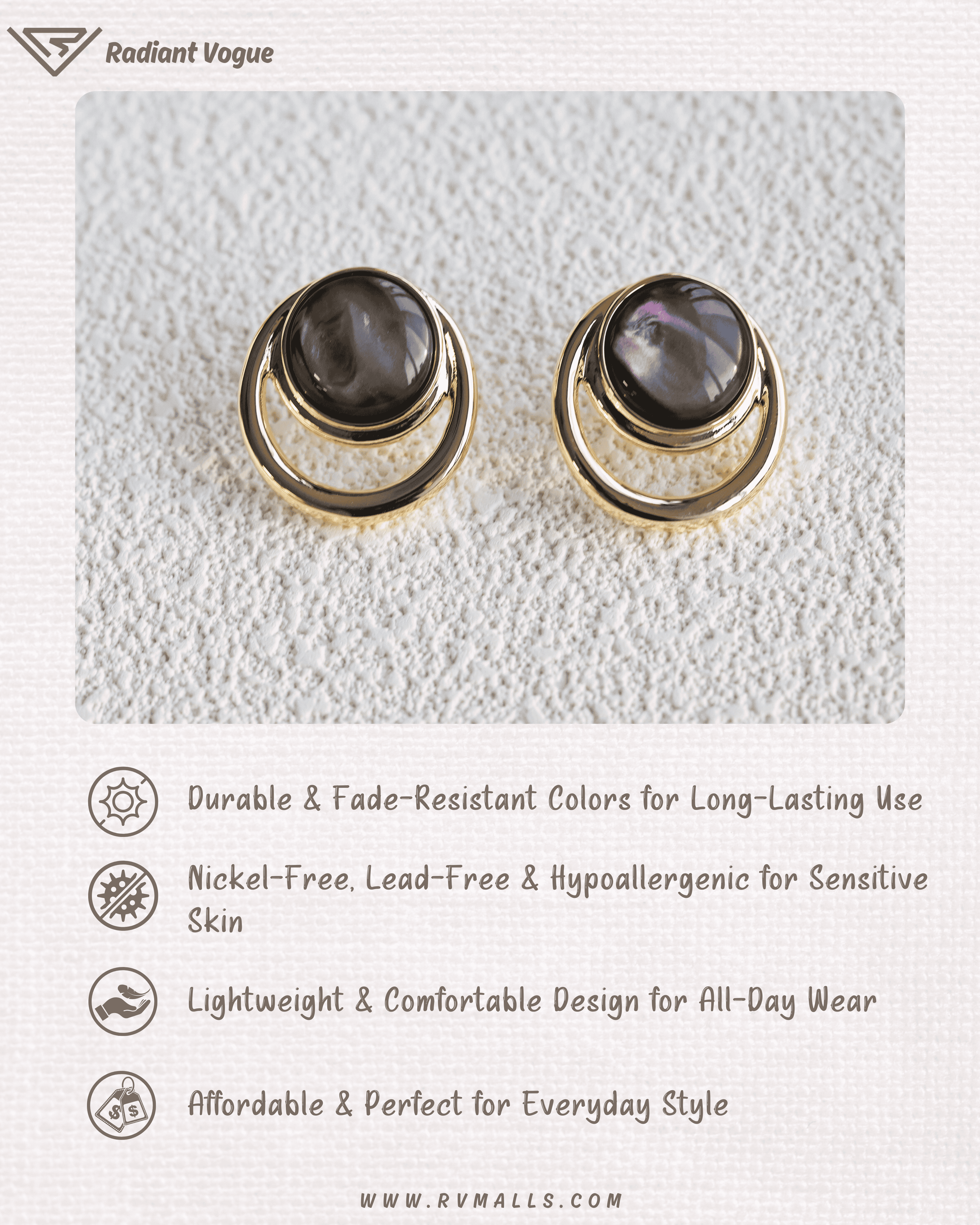 高雅金框設計, 無鎳無鉛材質, 全天候舒適佩戴, 適合日常與正式場合。