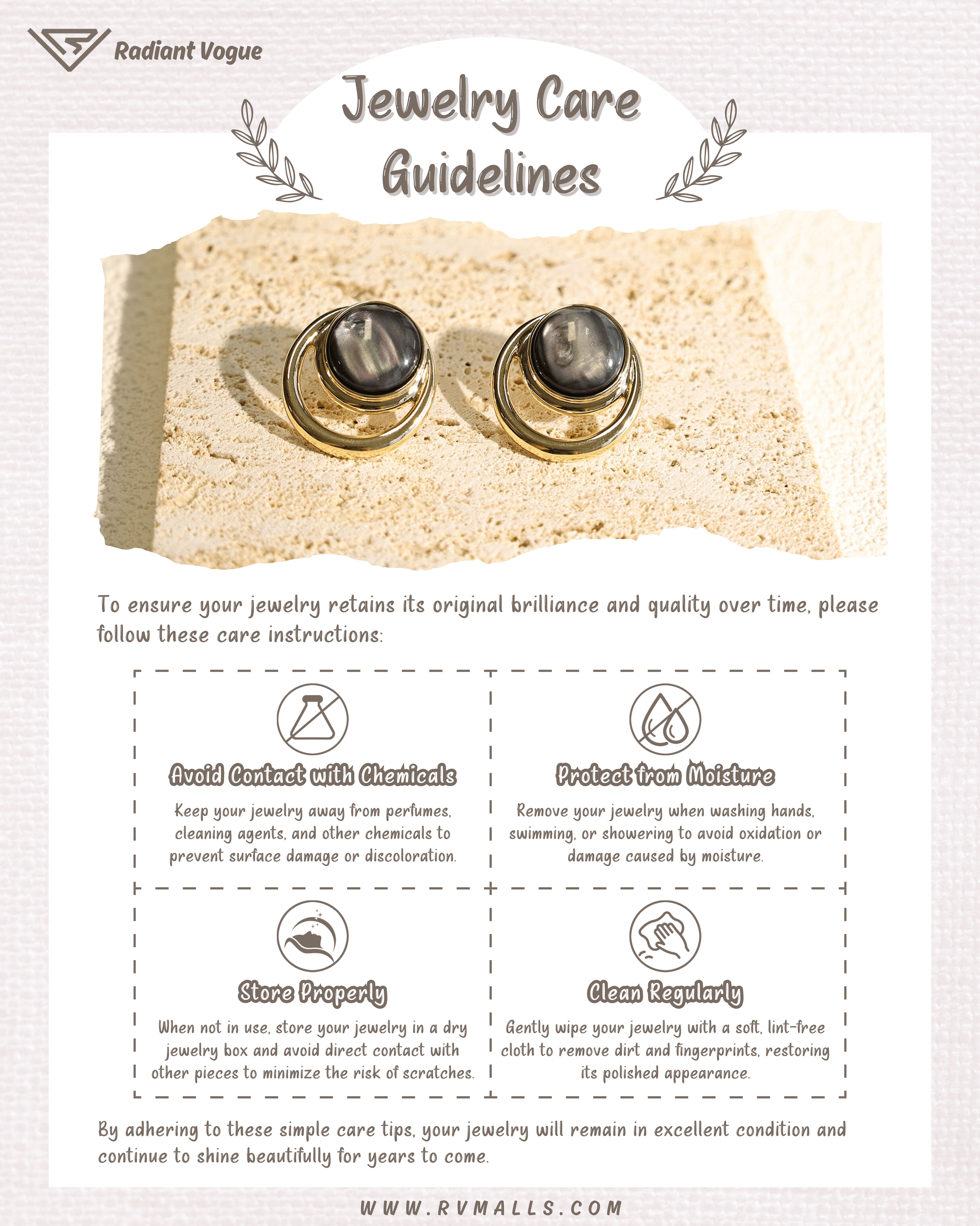 避免化學物質與水分接觸, 妥善存放並定期清潔, 保持耳環光澤與耐用性。