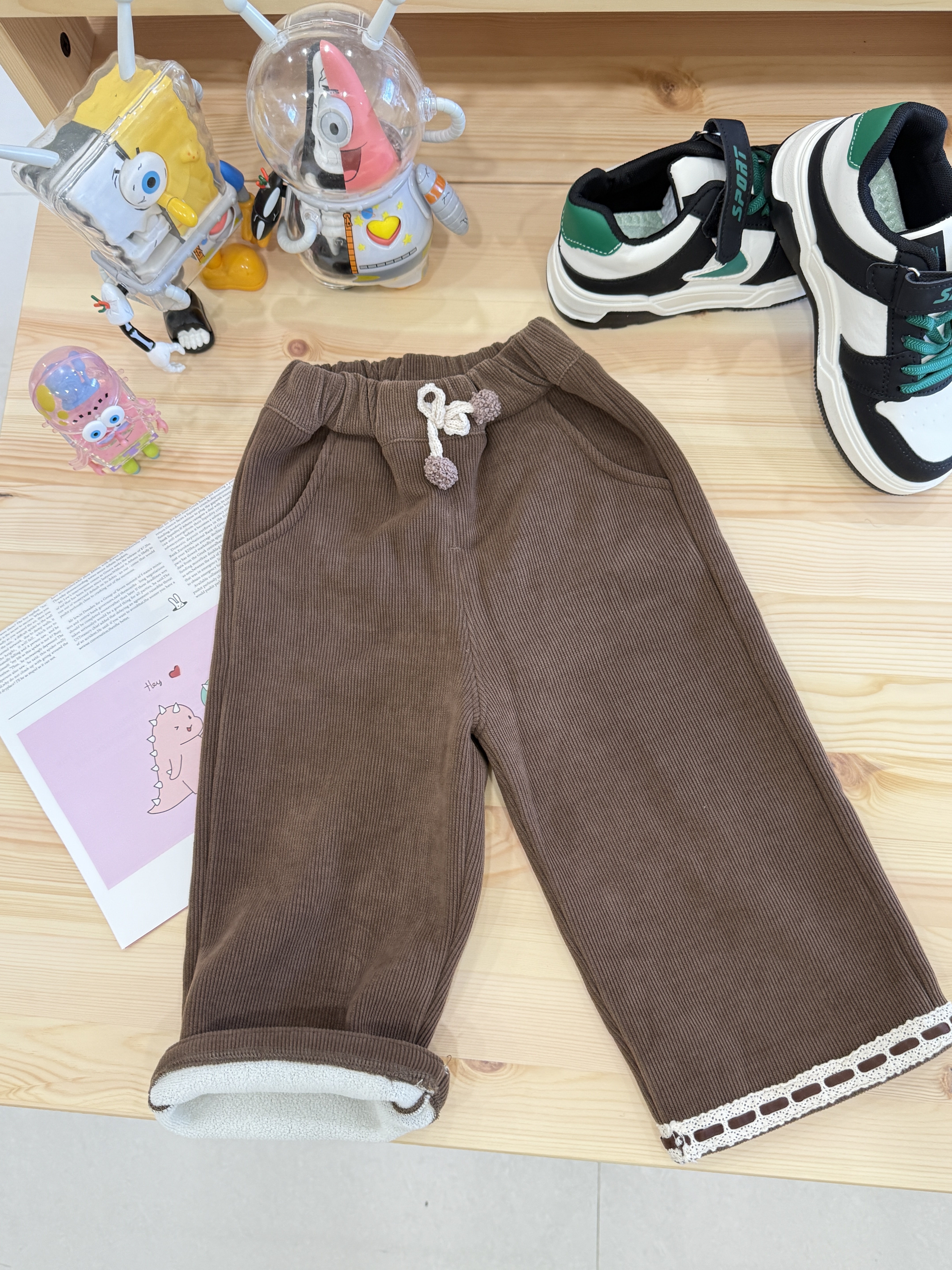 蕾絲毛邊直筒褲 加絨加厚一體絨闊腿褲