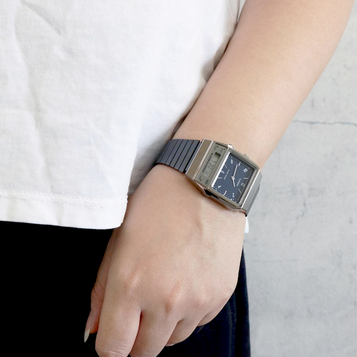 CASIO AQ-800EB-2A 槍灰色 藍面 雙顯 長方形 復古錶 復刻版