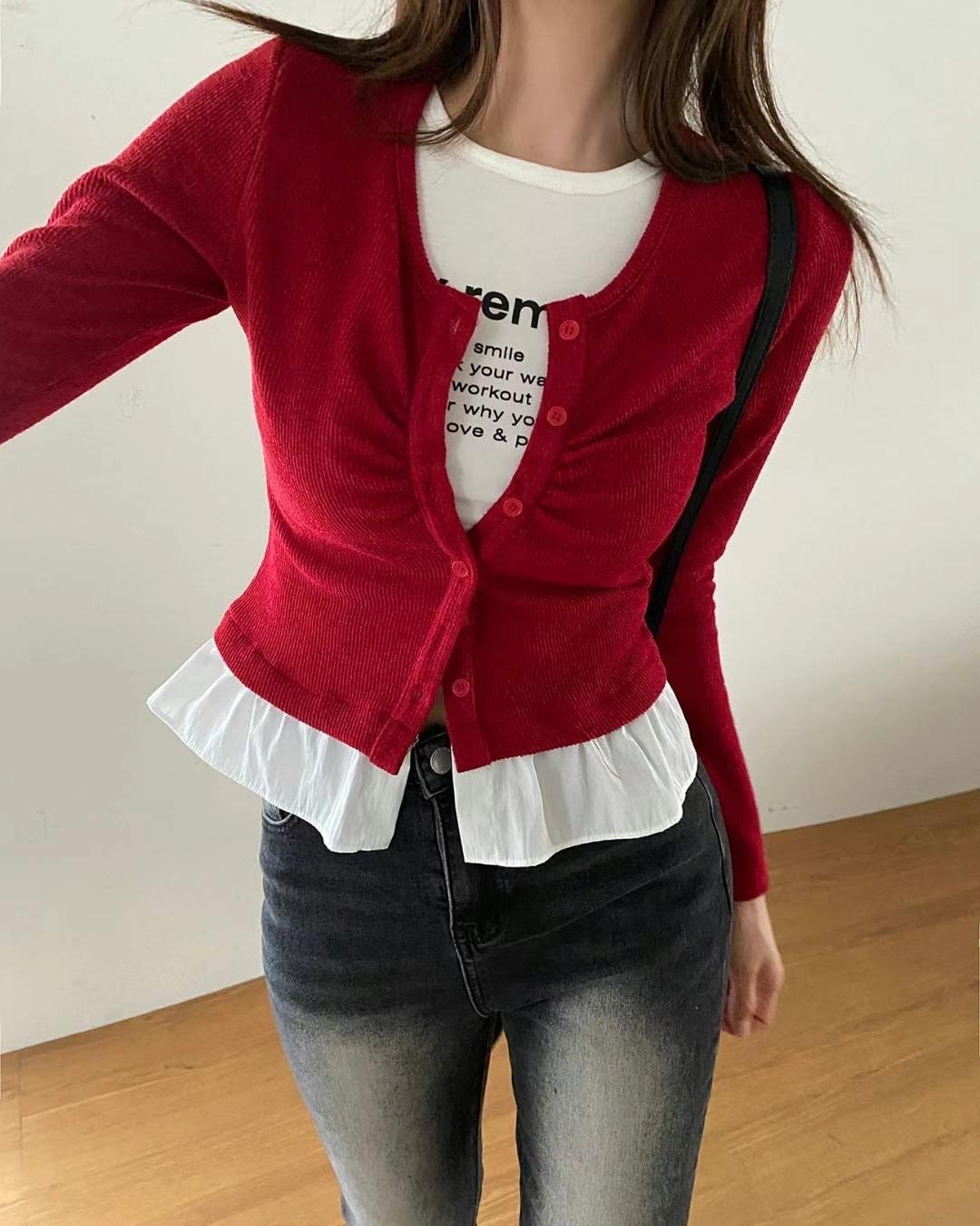 Ruffled shirt layered knit