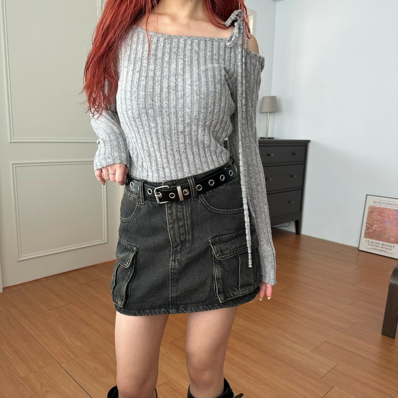 附皮帶大口袋牛仔短裙