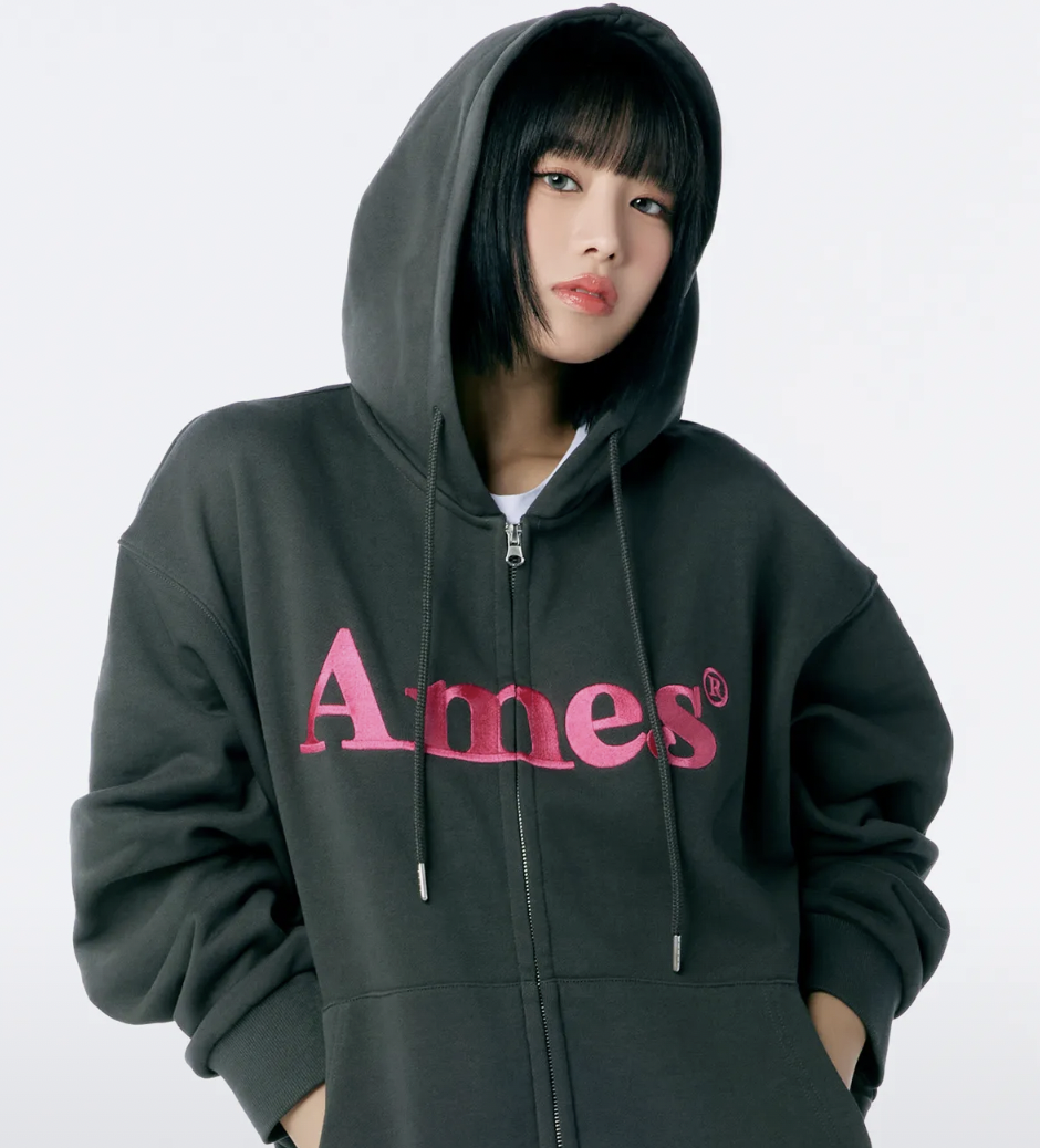 AMES BASIC LOGO HOODIE ZIP UP CHARCOAL