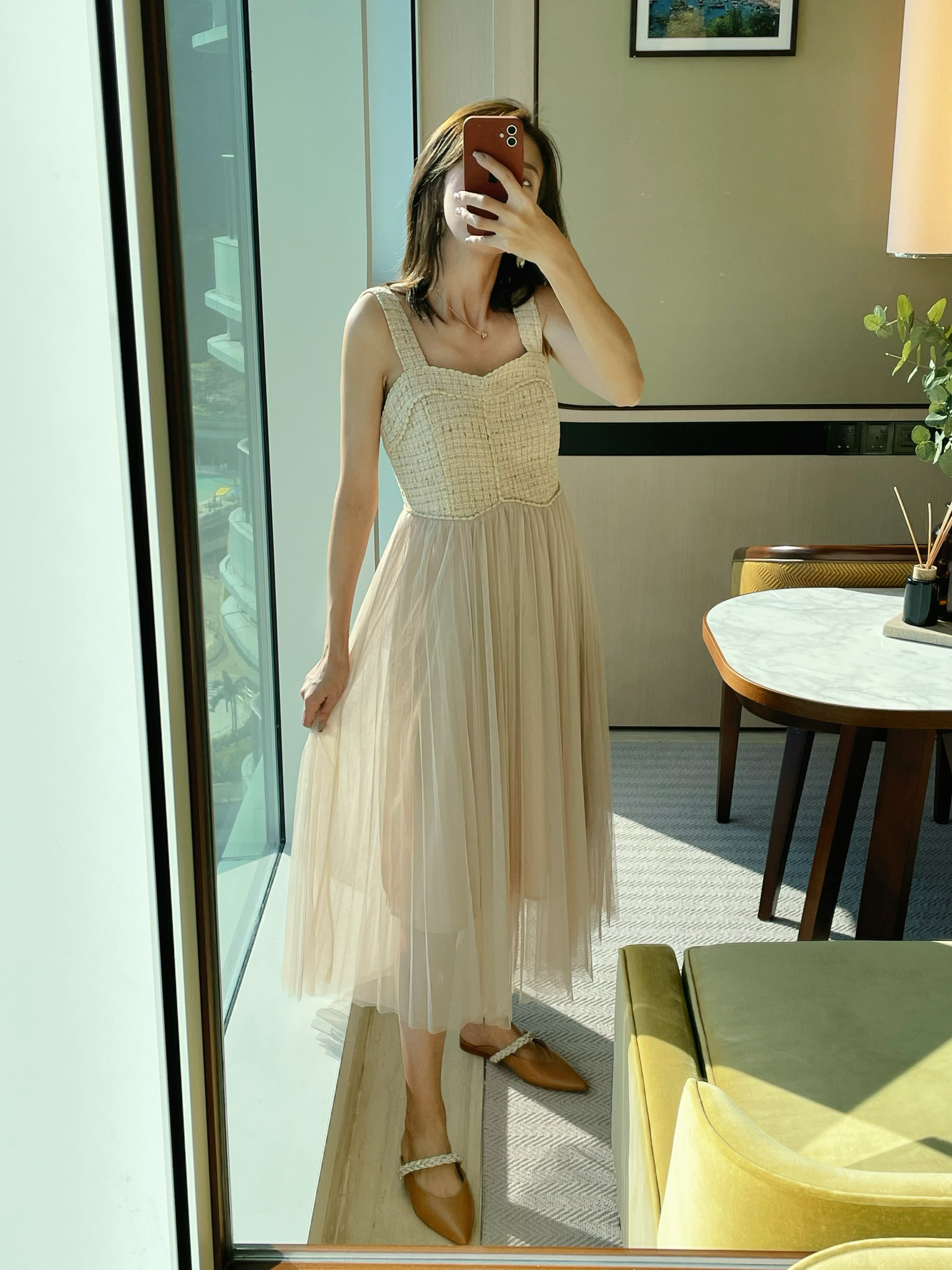 Mesh-Detailing Pleated Midi Tweed Dress_DS2312L17