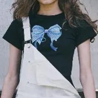 [S] RONRON GINGHAM DOUBLE RIBBON SLIM CROP T SHIRT,BLACK BLUE, RR24BST3294BBXXX (SRR11)