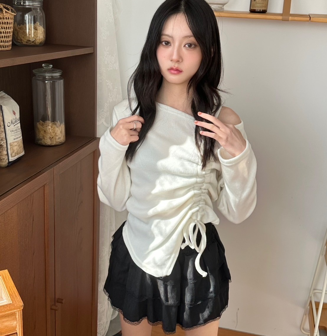 正韓好手感毛呢側抓皺上衣