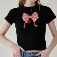 [S] RONRON GINGHAM DOUBLE RIBBON SLIM CROP T SHIRT,BLACK RED, RR24BST3294BRXXX (SRR12)