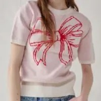 [S] RONRON RIBBON ITALY COTTON SHORT KNIT,IVORY RED, RR24AKT1915IR (SRR13)