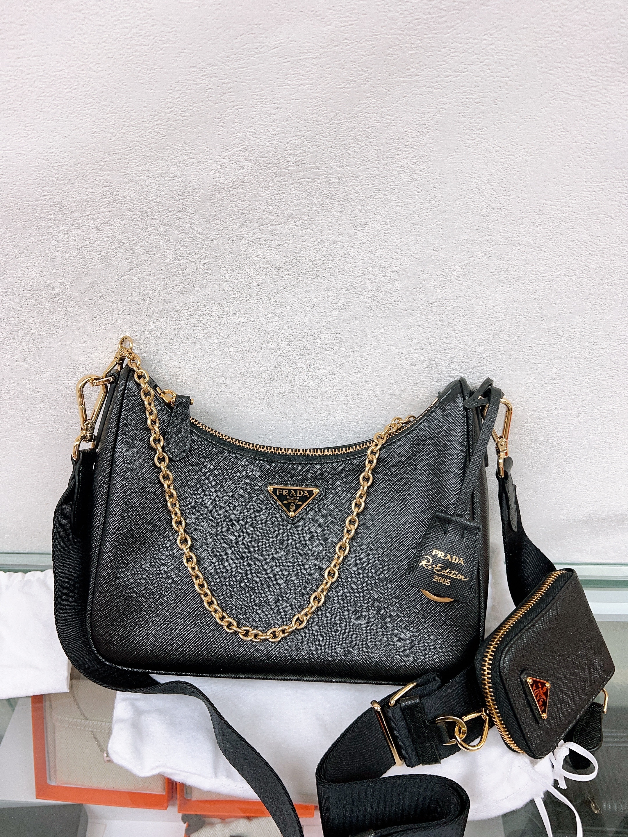 Prada 3-in-1 hobo 2005 re-edition (black saffiano leather)
