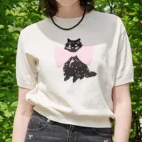 [S] RONRON RIBBON CATS SHORT SLEEVE KNIT,IVORY, RR24BKT3534IV (SRR24)