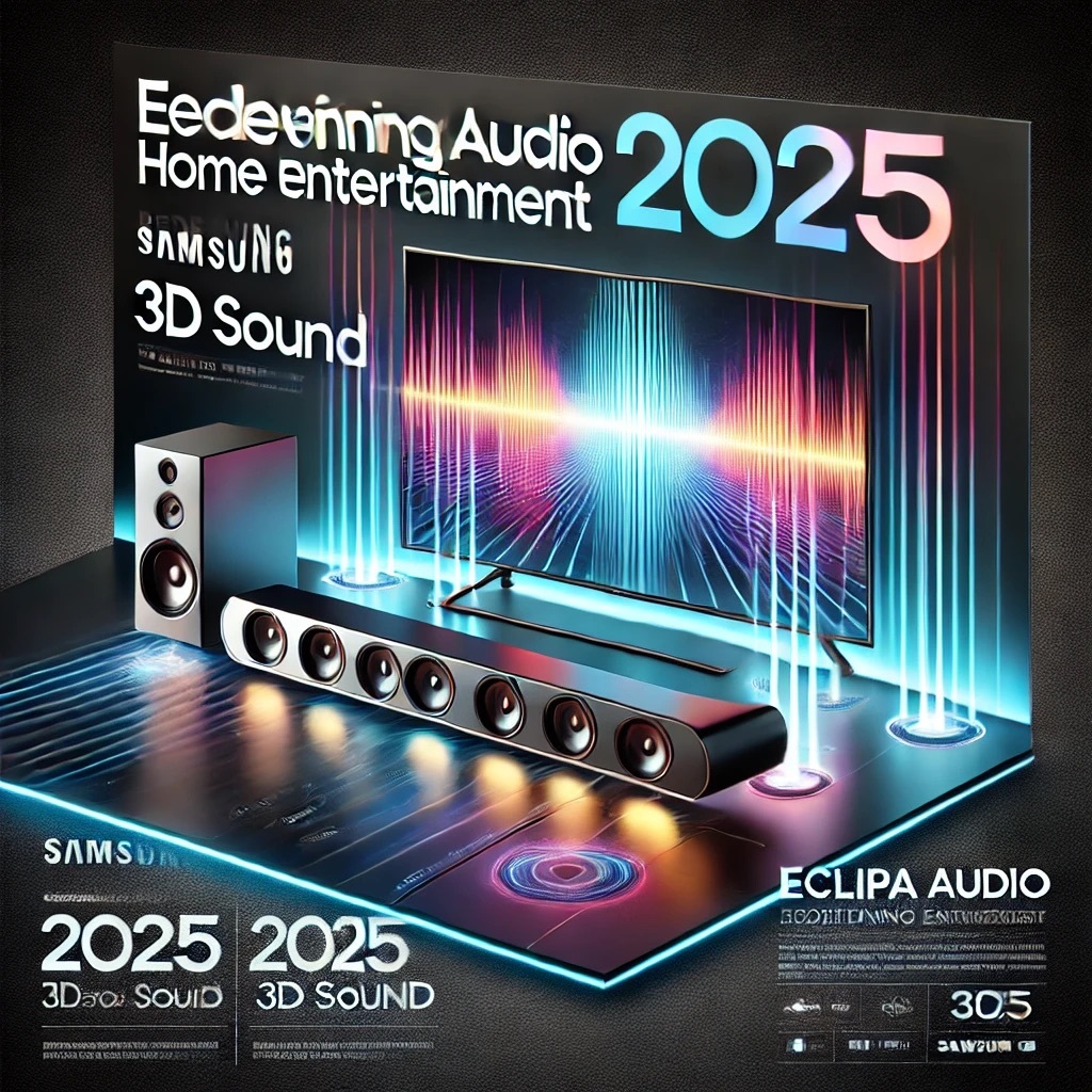 展示三星2025年3D音效技術的社群預覽圖，高科技電視和Soundbar釋放出色彩繽紛的3D音波，背景為漸變藍黑色，搭配標題「Eclipsa Audio：重新定義家庭娛樂」