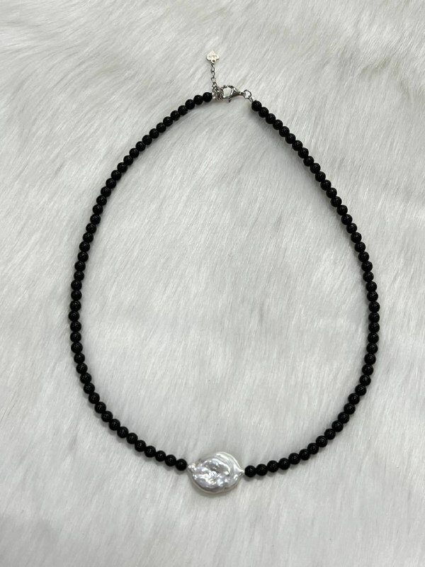 [S] GEMZ & CO NCJS SPAIN BAROQUE PEARL/BLACK AGATE NECKLACE WITH ADJUSTABLE 925 SILVER ACC, Z137 (Z137)