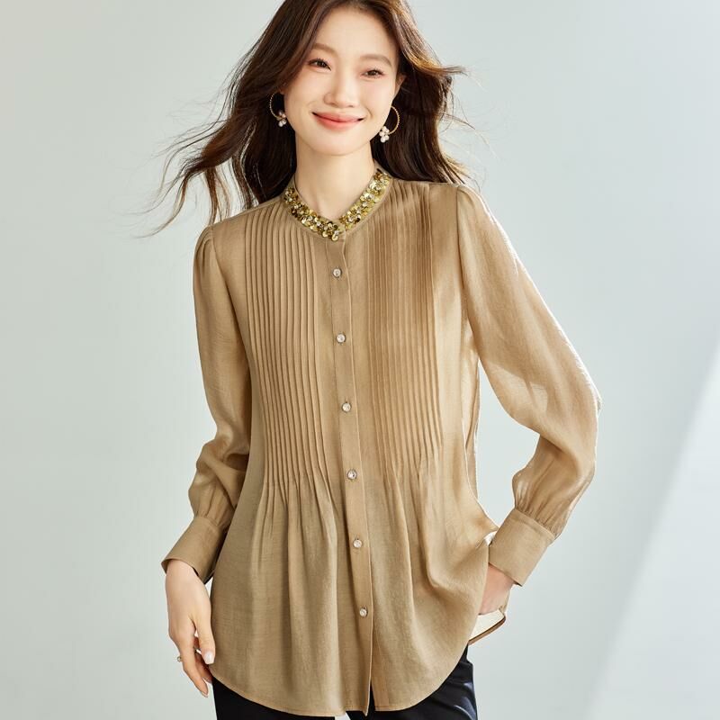 米白L【零碼出清不退換】亮片細褶長版雪紡上衣