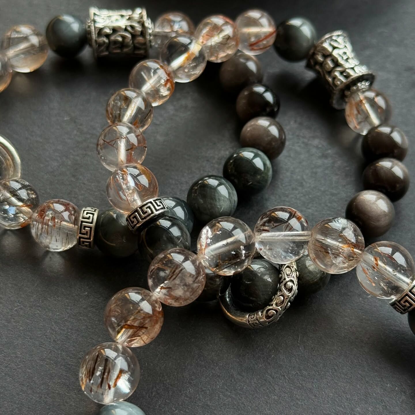 [原石] 陽起石+銀曜石+黑金超七 水晶手串