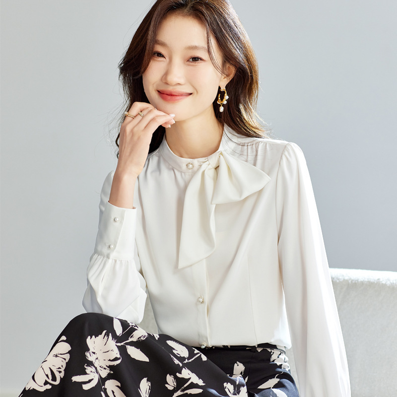 白2XL【零碼出清不退換】立領側蝴蝶結雪紡上衣