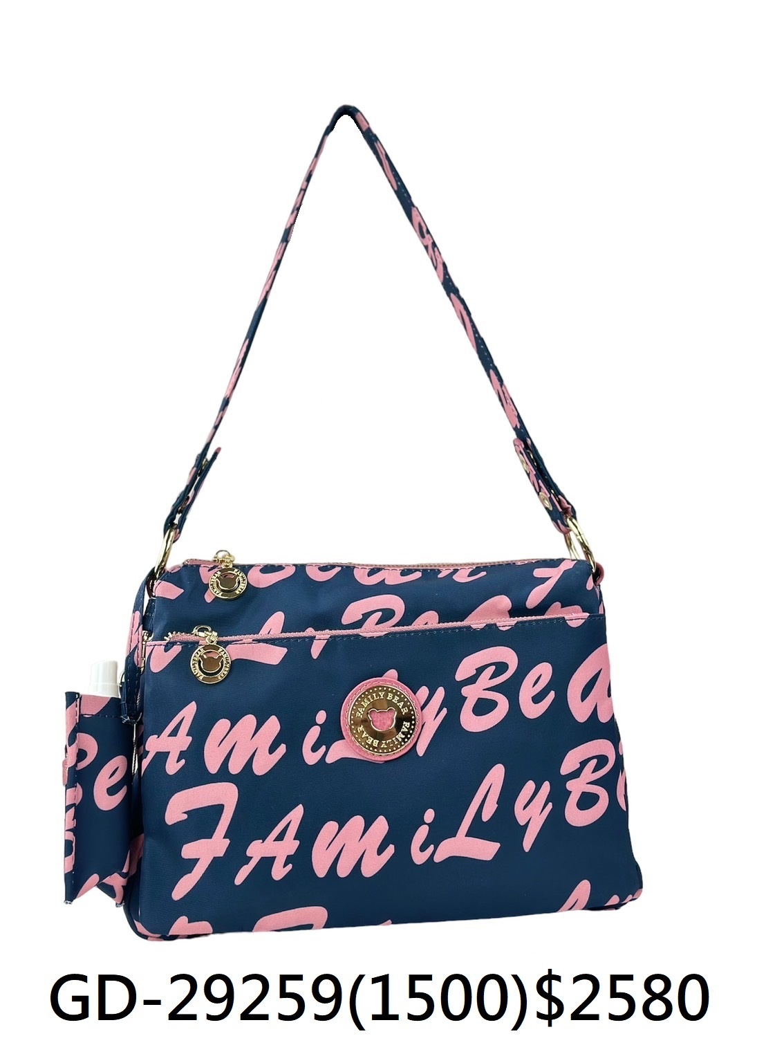 現貨 正品FamilyBear 粉藍拼色字母防潑水肩背包 GOODS包 尼龍側背包 附酒精保護套+酒精瓶 29259