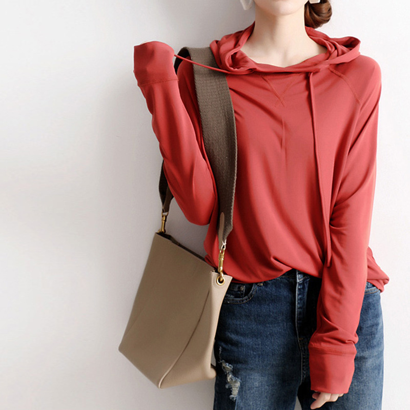 純色彈性連帽上衣 磚紅