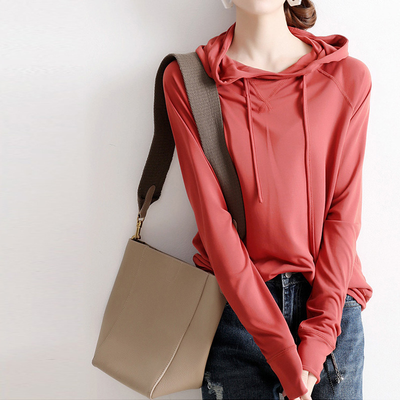 純色彈性連帽上衣 磚紅