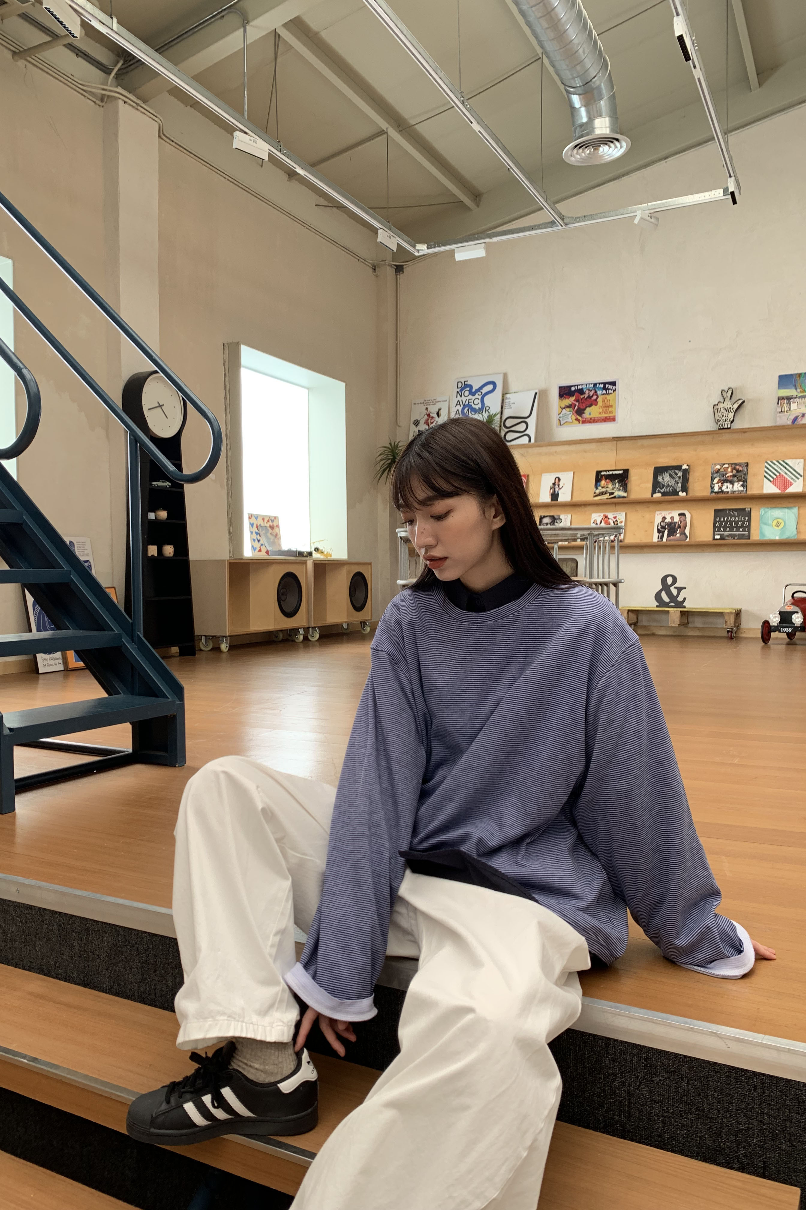 不收邊細條小磨毛長袖t 4色