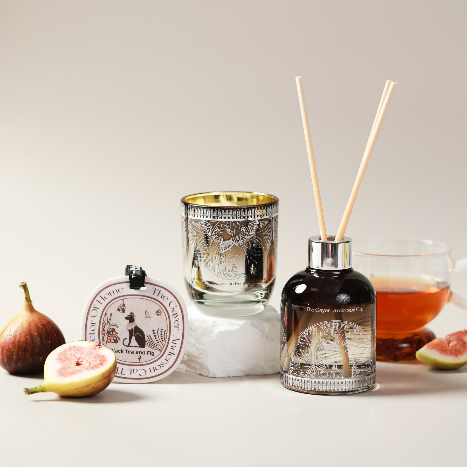 大英博物館｜蓋亞安德森貓系列｜24節氣小雪無火香薰香氛蠟燭套裝-紅茶與無花果