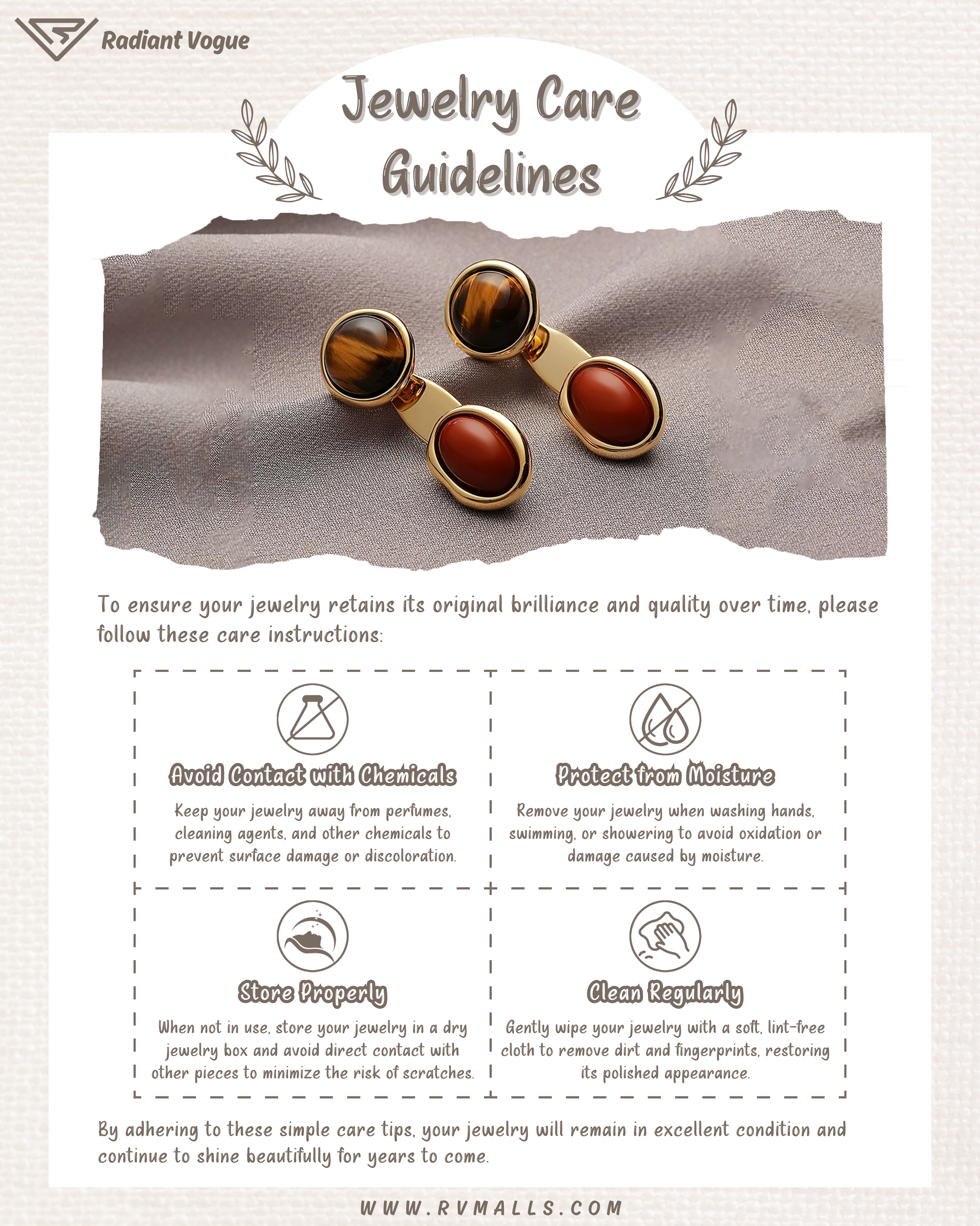 Jewelry care tips for gold-plated earrings: avoid chemicals, protect from moisture, store properly, and clean regularly to maintain brilliance.