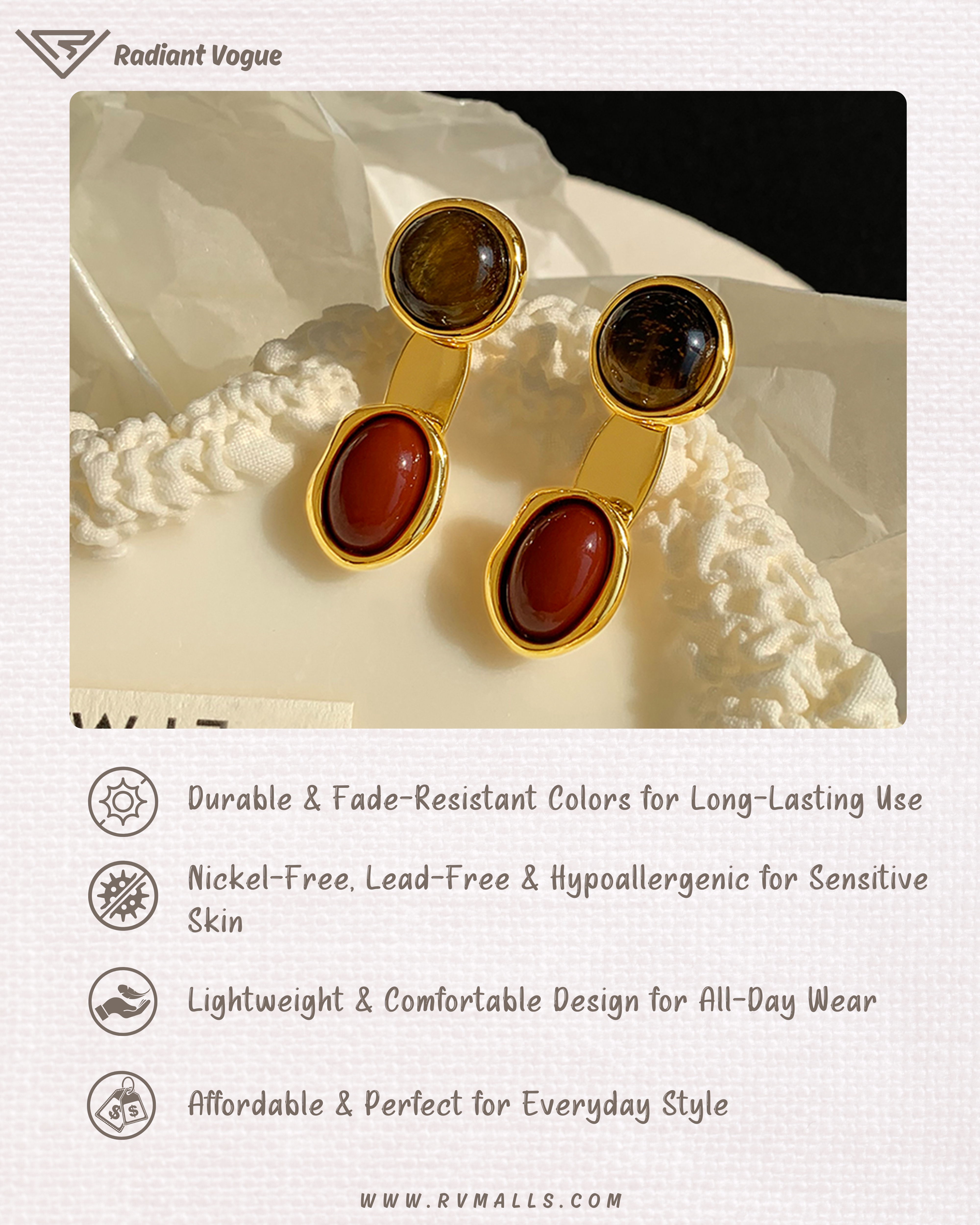 金色耳環設計, 耐用抗褪色, 無鎳無鉛, 適合敏感肌膚, 輕巧舒適, 日常佩戴佳選