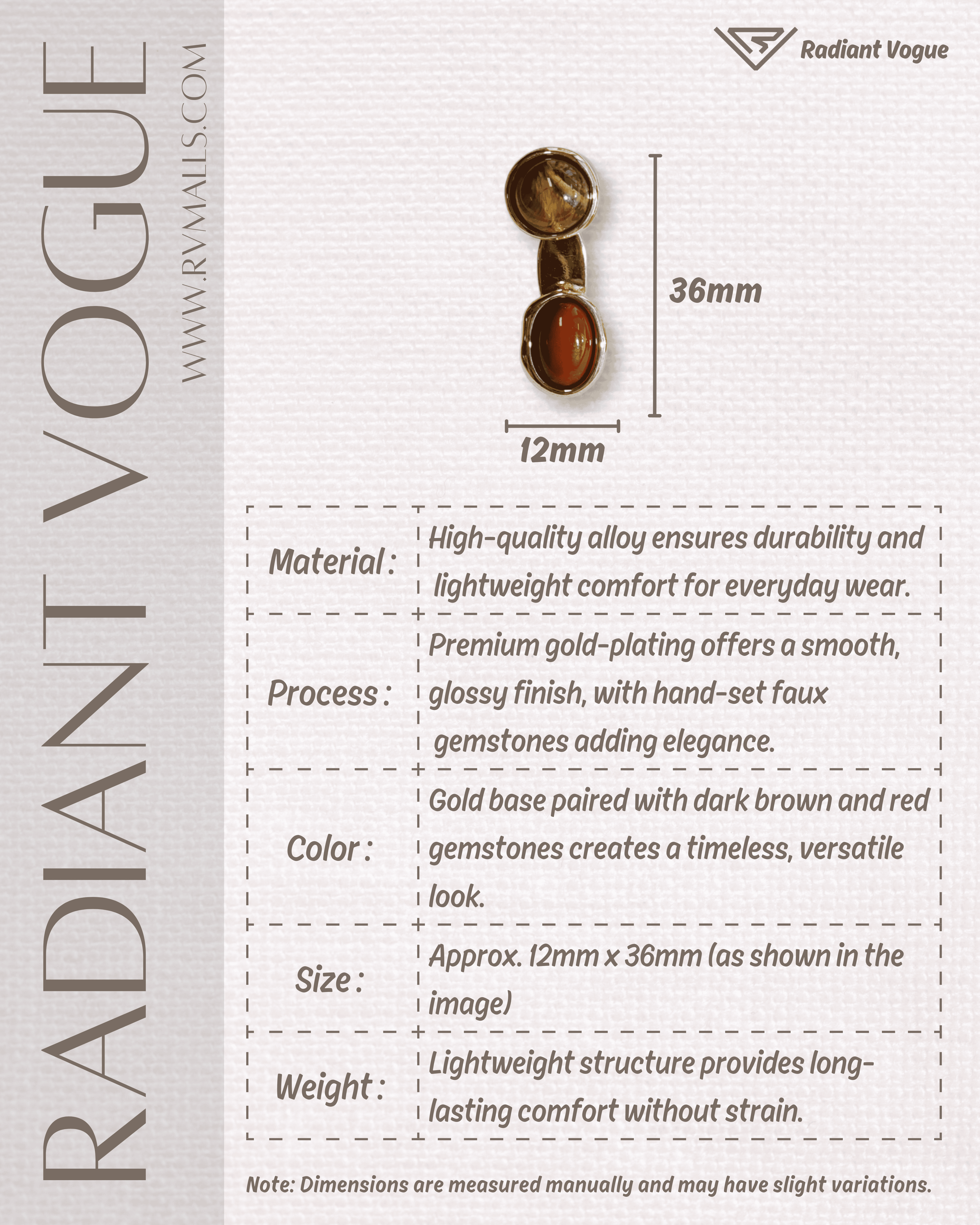 High-quality gold-plated alloy earrings with tiger eye and red gemstones, lightweight design, dimensions 12mm x 36mm, perfect for daily wear.