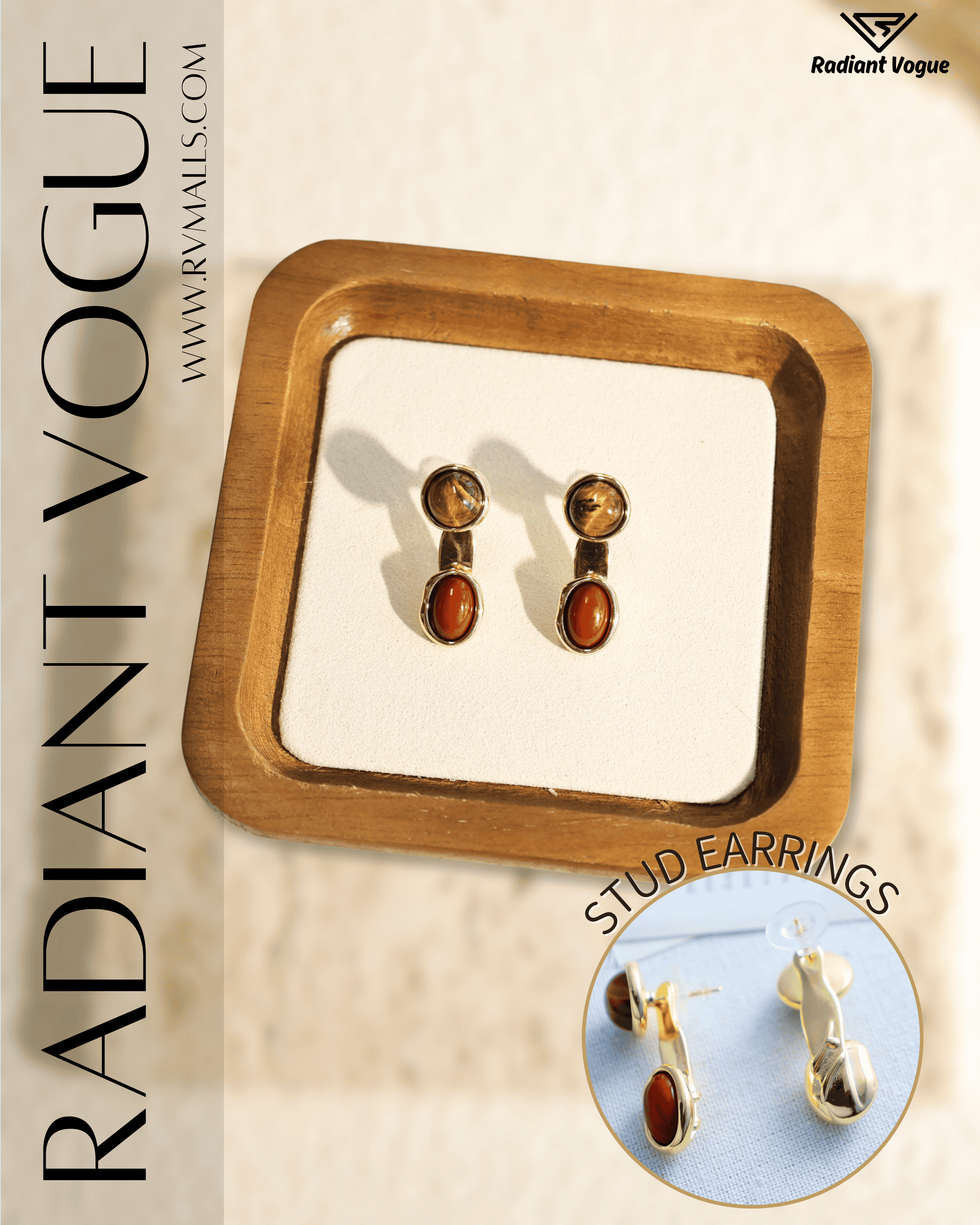 韓國進口金色耳環, 復古虎眼石與紅色寶石設計, 優雅高級風格, 適合日常與正式場合穿搭