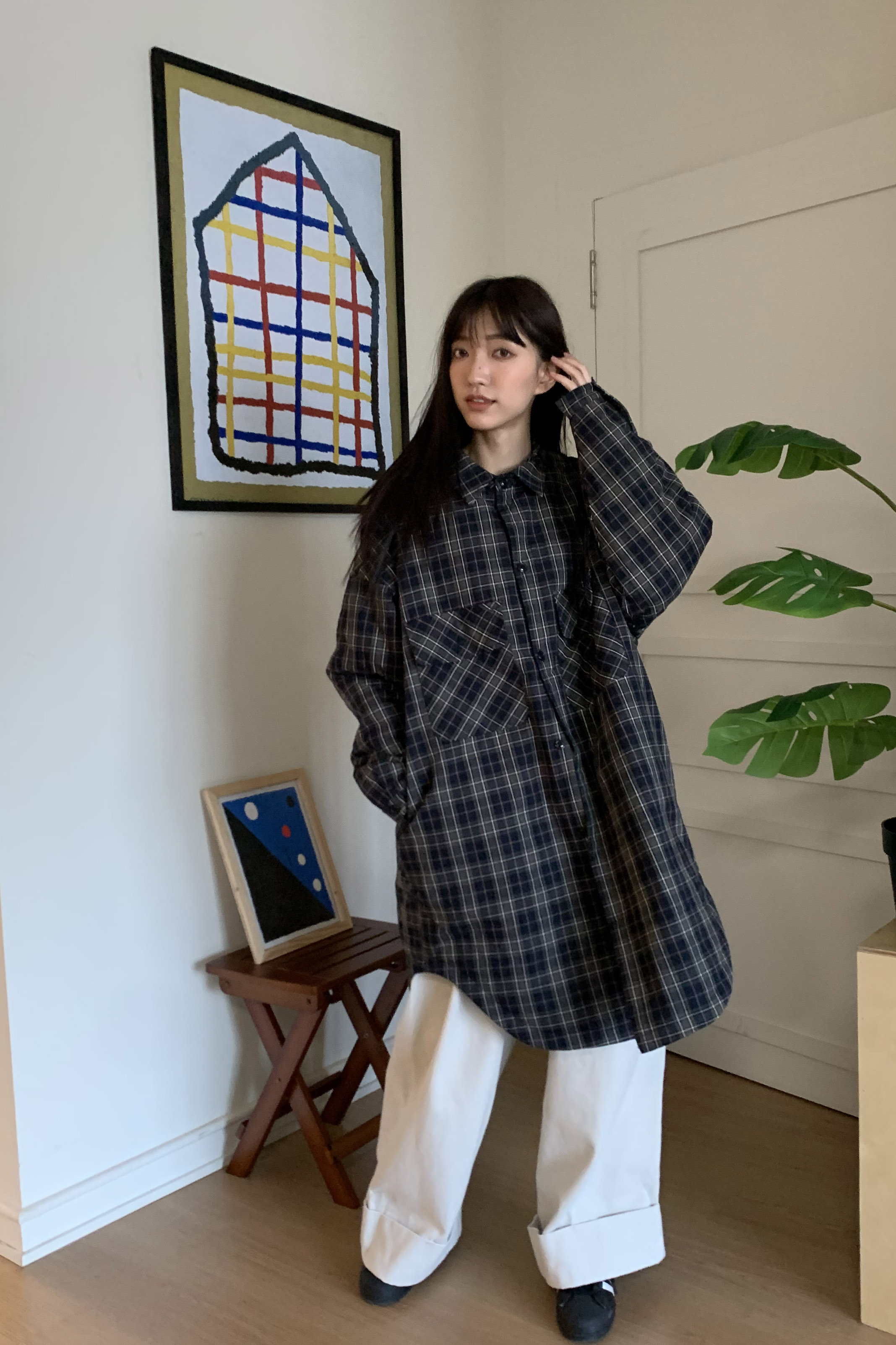 中長版鋪棉格子襯衫 2色