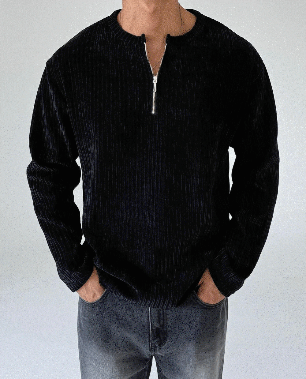 絲絨拉鍊亨利領上衣