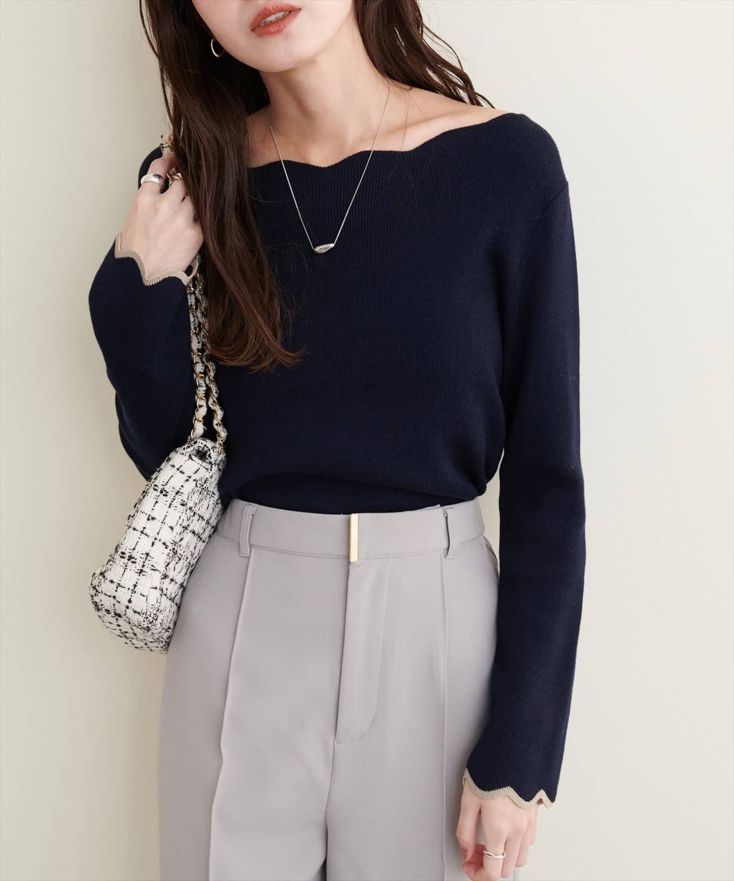 natural couture(ナチュラルクチュール)  袖口配色スカラップニット深藍（0351050140）