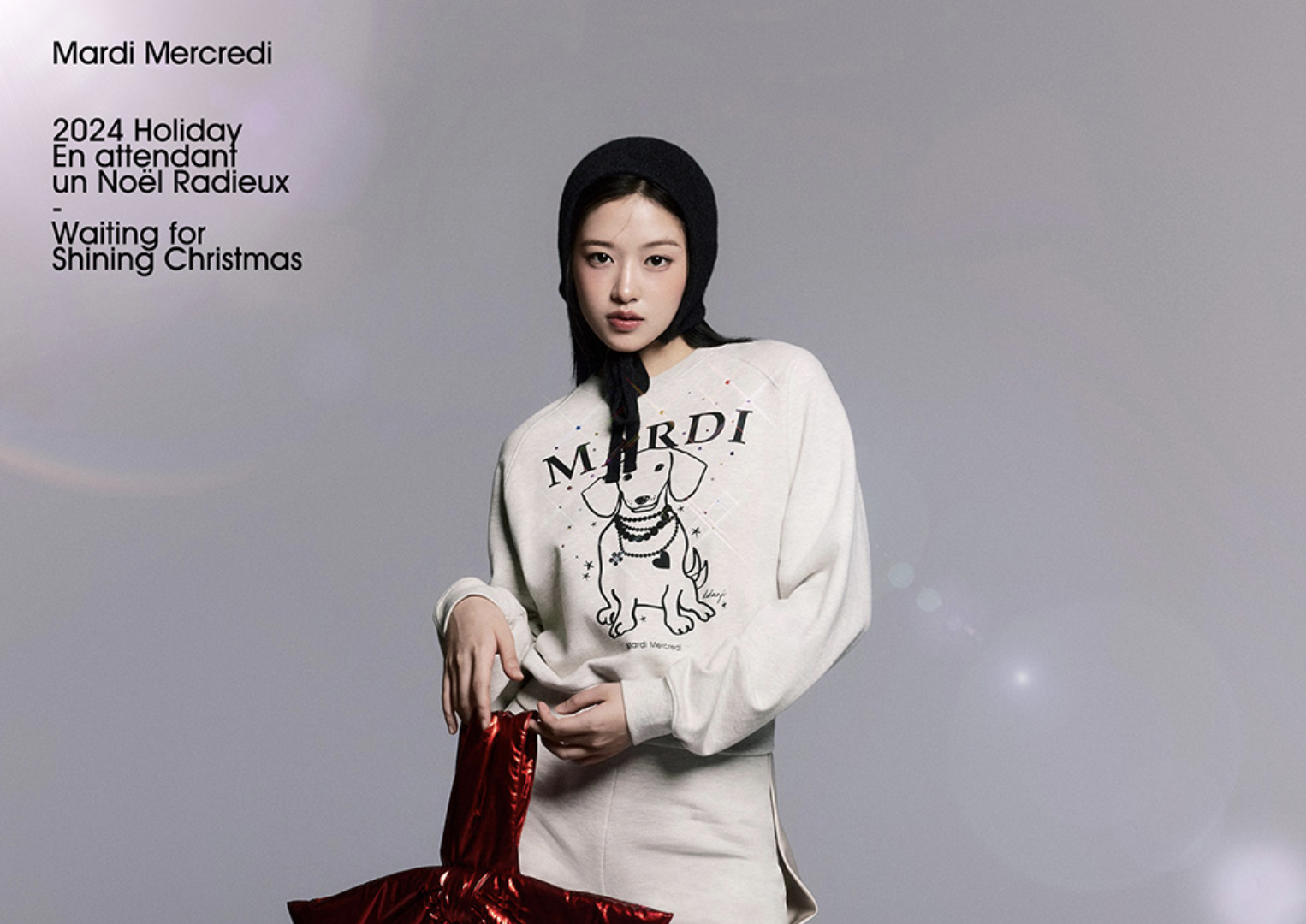 Mardi SWEATSHIRT RAGLAN SWING THE TAIL DDANJI PEARL NECKLACE STONE EMBELLISHED_OATMEAL BLACK